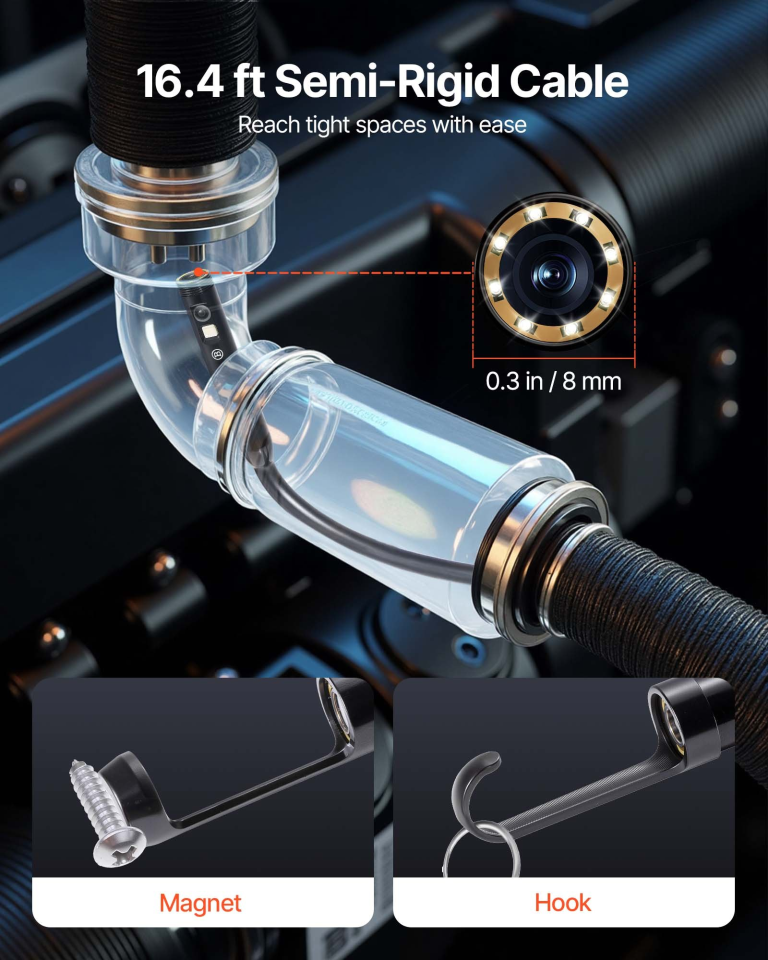 Start2Finish VEVOR borescope camera with triple lenses, 4.5" screen, 1080P, 10 LED lights, waterproof auto and plumbing inspection tool.