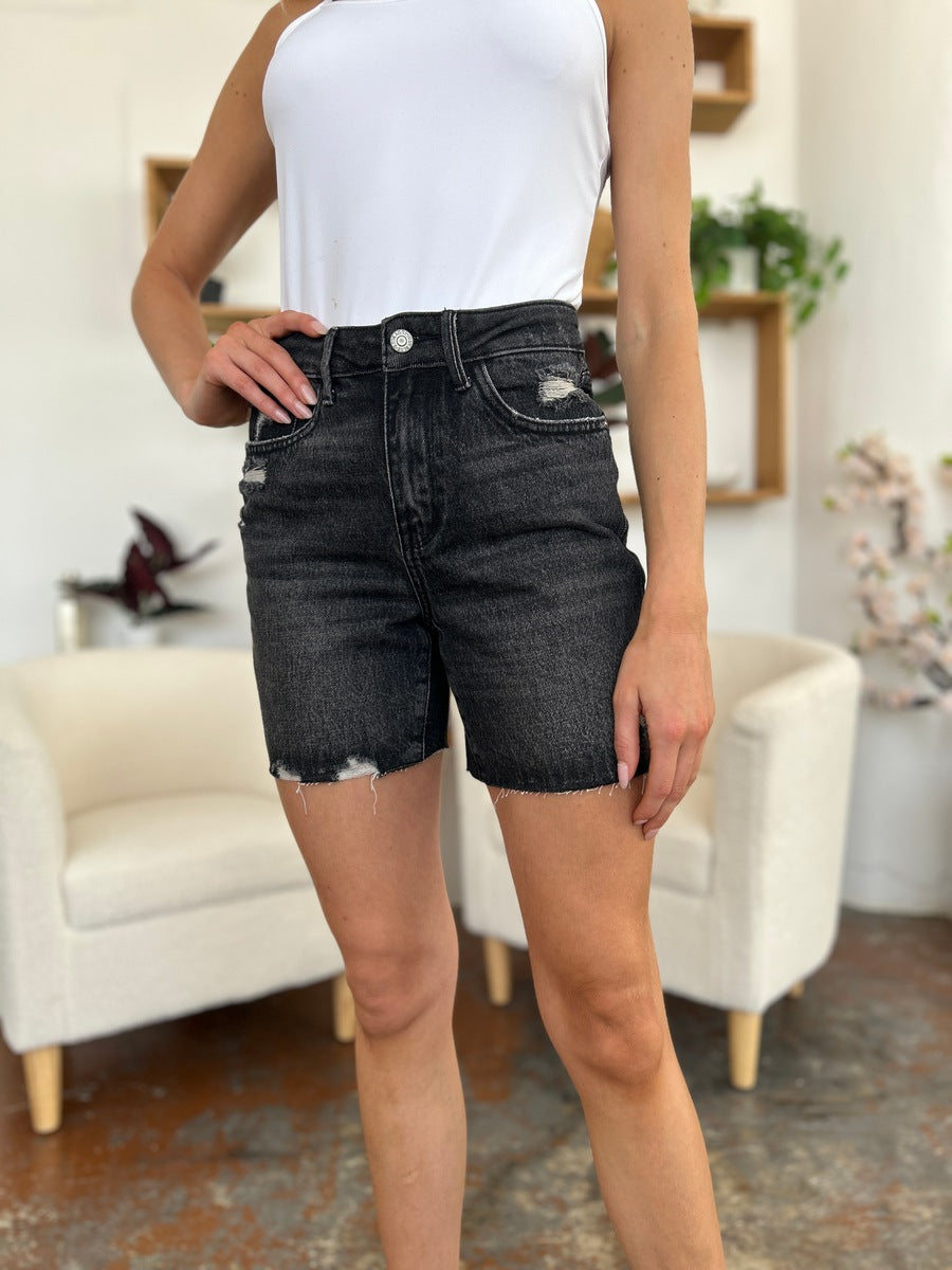 Judy Blue high waist rigid magic denim shorts for women, showcasing fitted fit and classic denim texture.
