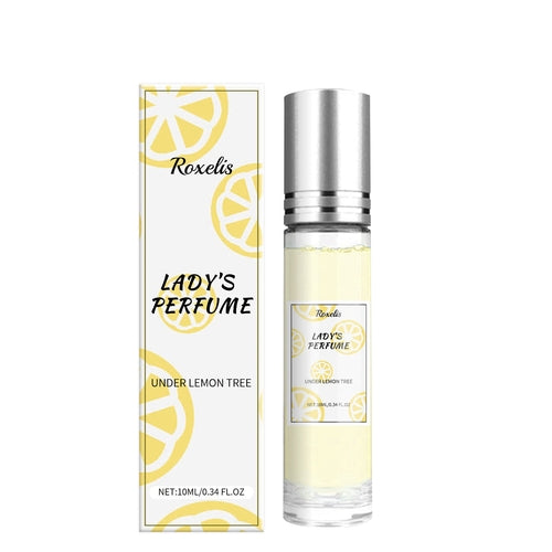 Carmine Juneberry Roxelis™ Lemon Perfume bodycare product with fresh lemon and floral notes, displayed in a sleek bottle.