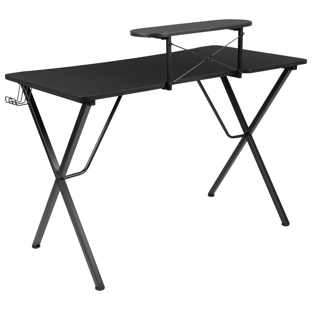 Black Start2Finish gaming desk with cup holder, headphone hook, and monitor and smartphone stand for ergonomic gaming setup.