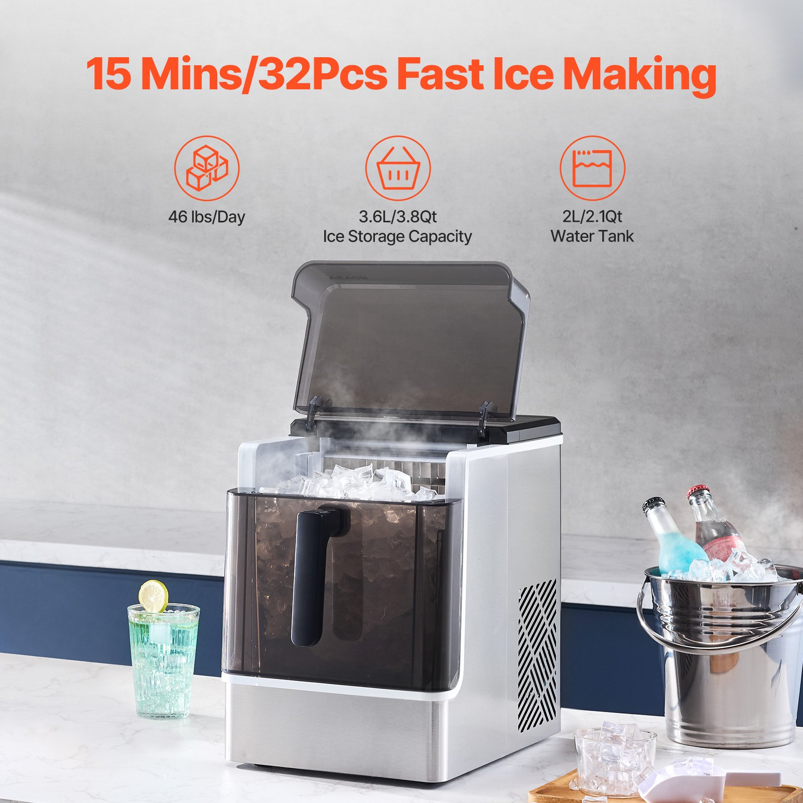 Start2Finish VEVOR countertop ice maker producing 32 ice cubes in 15 minutes, portable with three ice sizes for home or office use.