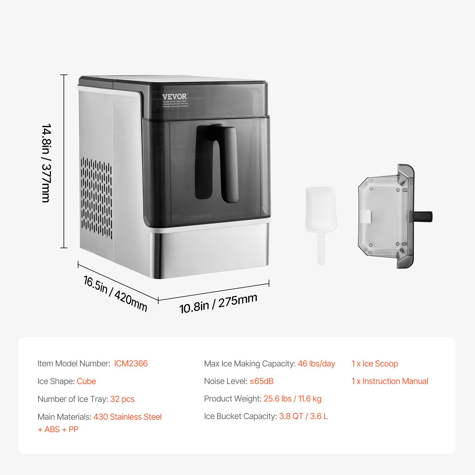 Start2Finish VEVOR countertop ice maker producing 32 cubes in 15 mins, with three ice sizes, portable for home or office use.