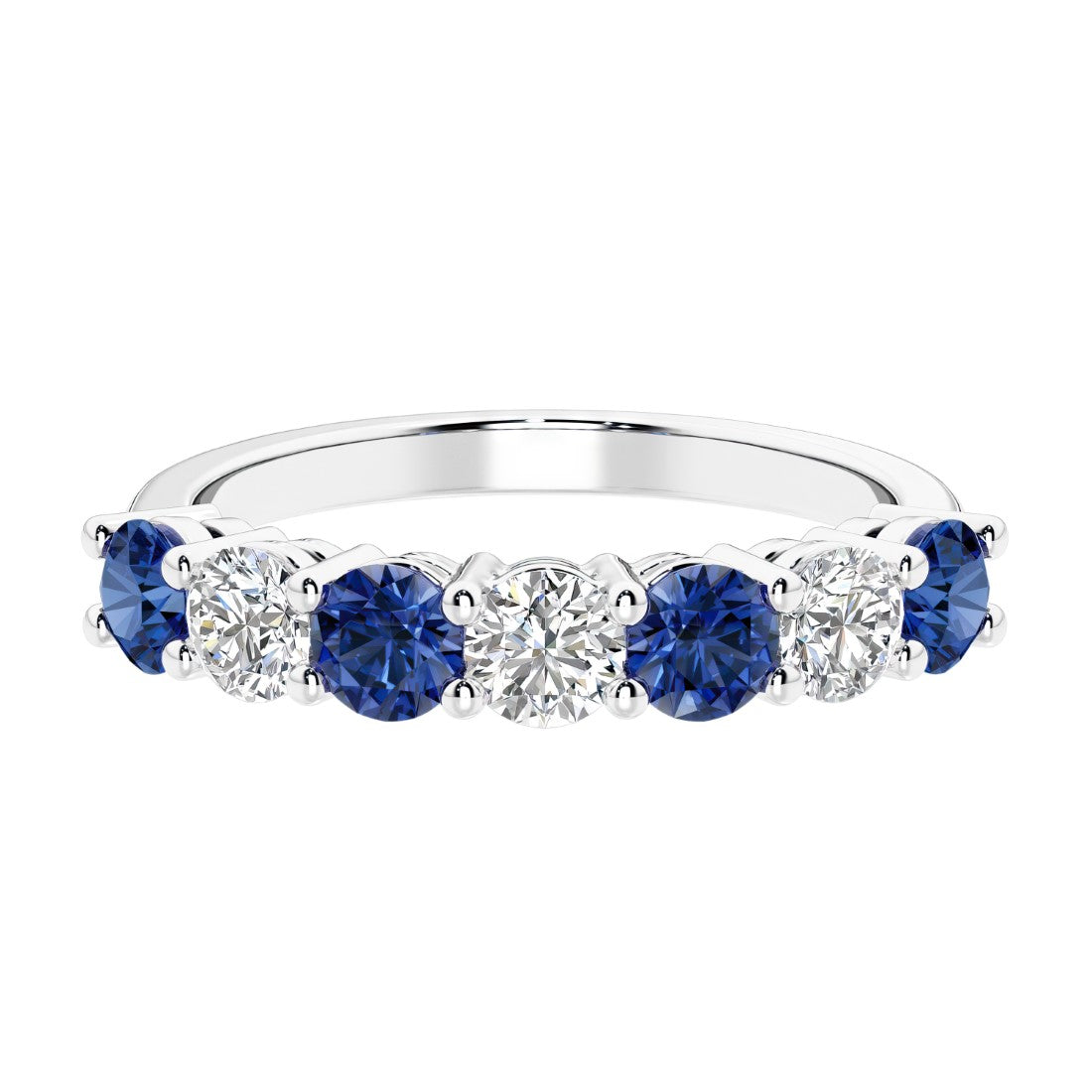 Start2Finish 14K gold over sterling silver 7-stone eternity ring with blue sapphires and lab-grown diamonds, alternating design.
