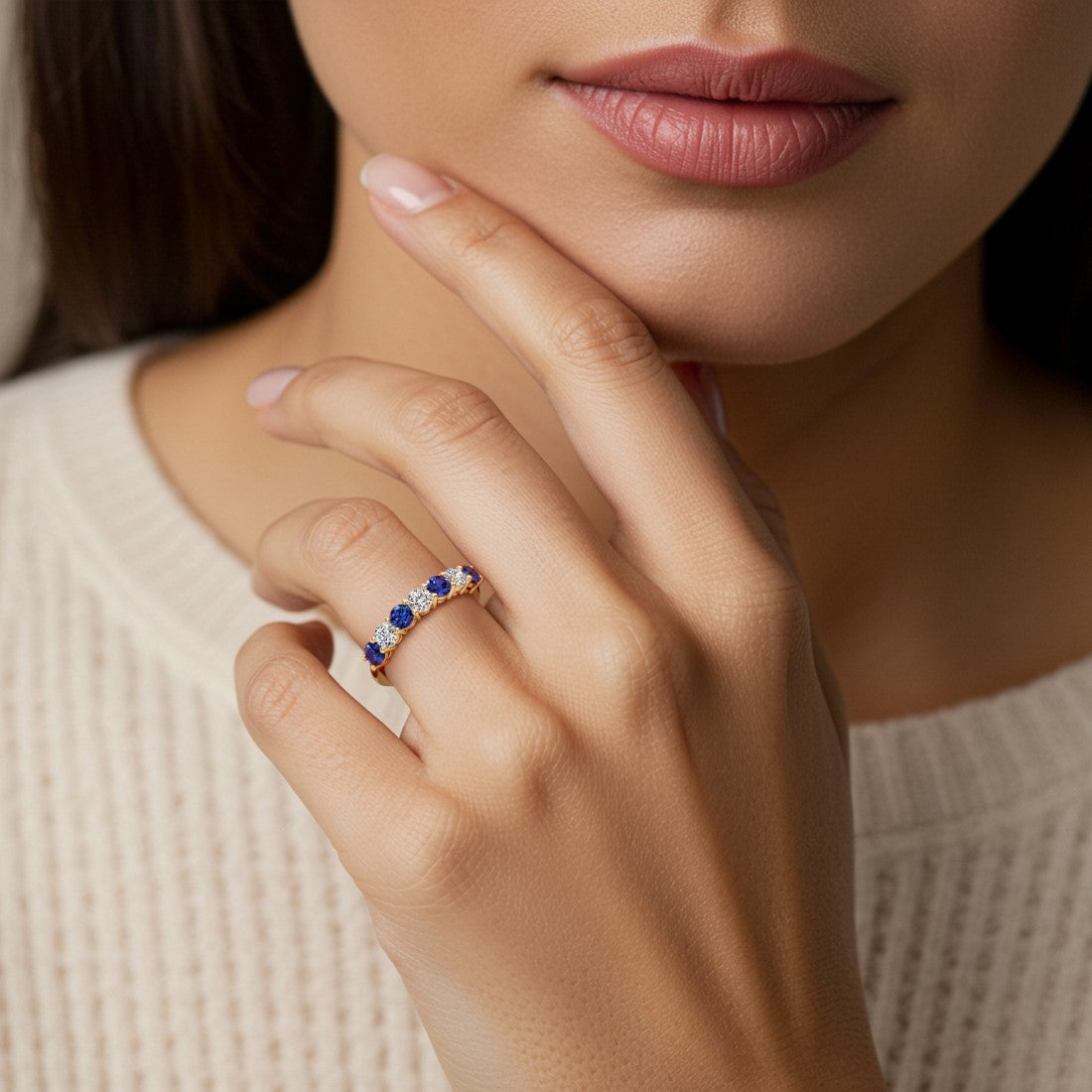 Start2Finish AGI Certified 2.00 CTW blue sapphire and lab-grown diamond 7-stone eternity ring band in 14K gold over sterling silver