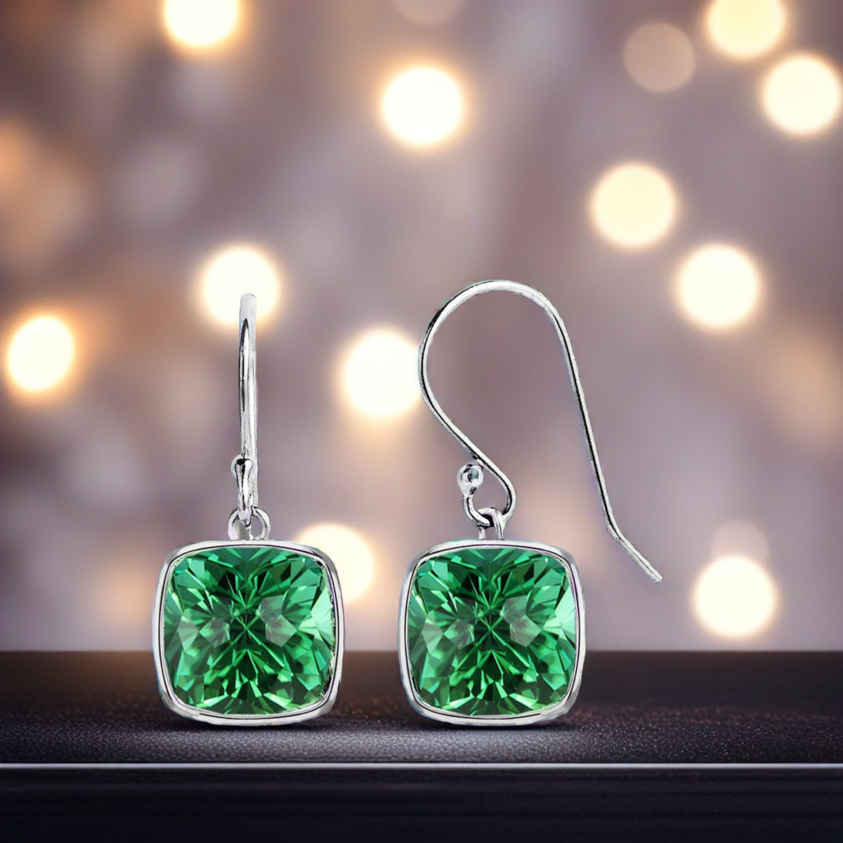Start2Finish 4.50CTW lab-grown emerald cushion drop earrings in sterling silver with 8mm square gems, elegant jewelry for women.