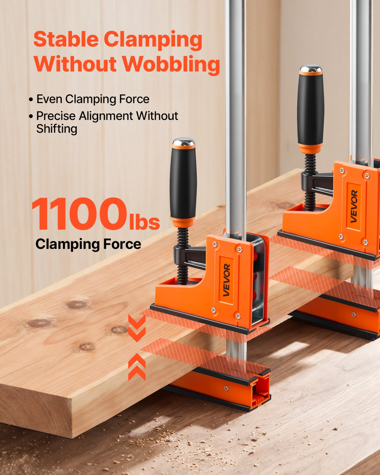 Set of VEVOR wood and metalworking bar clamps, 24" and 31", with ergonomic handles, rubber pads, and 1100 lbs load capacity.