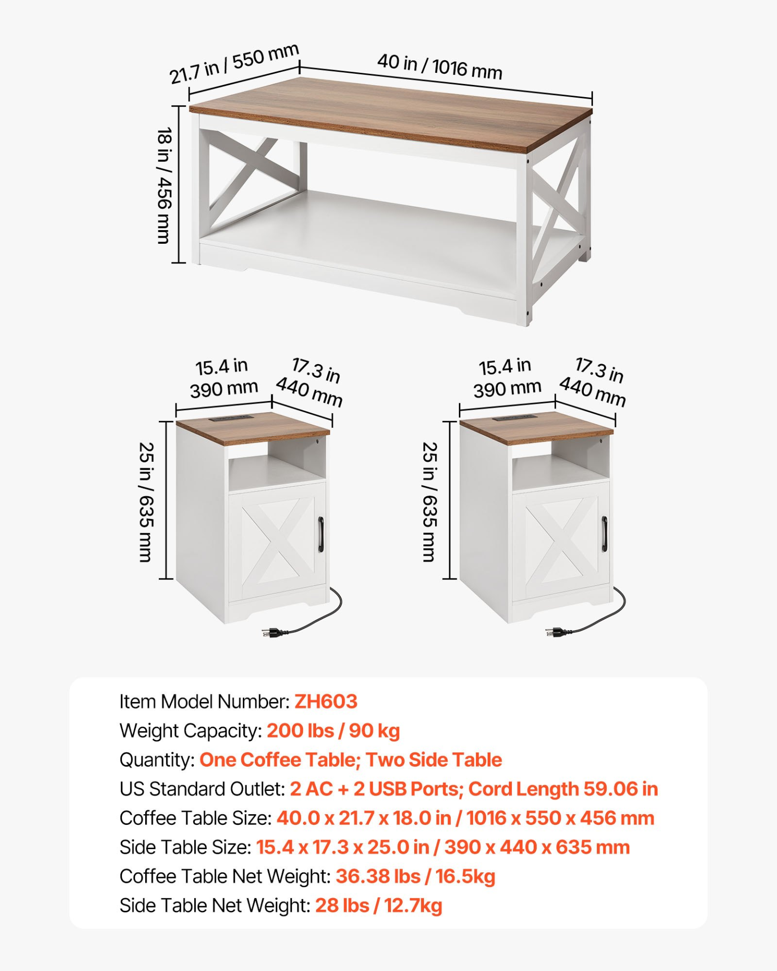 Start2Finish VEVOR farmhouse coffee table set with two end tables, industrial style, includes charging station, suitable for living rooms.