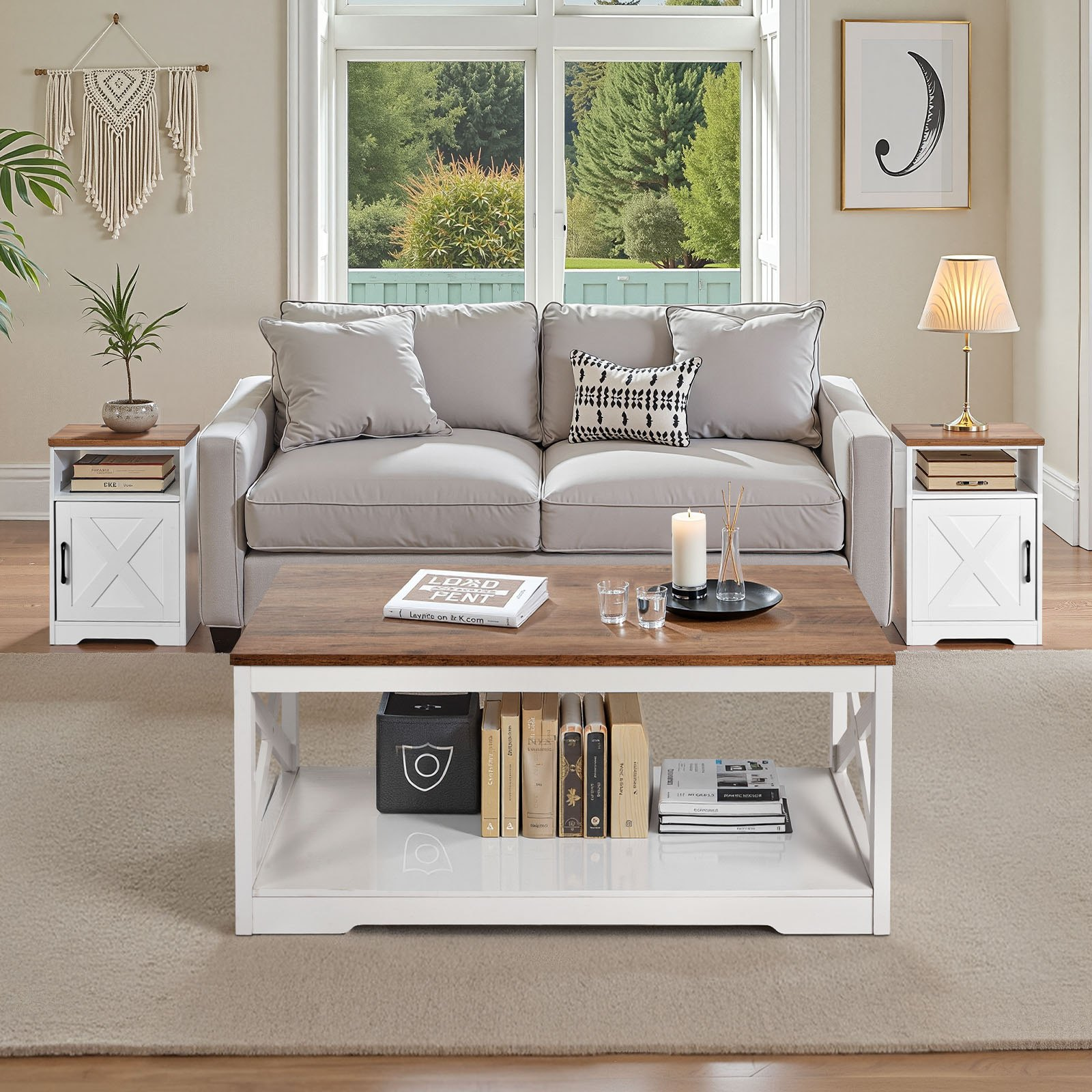 Set of three farmhouse-style industrial coffee and end tables by Start2Finish with charging station, perfect for living room or office.
