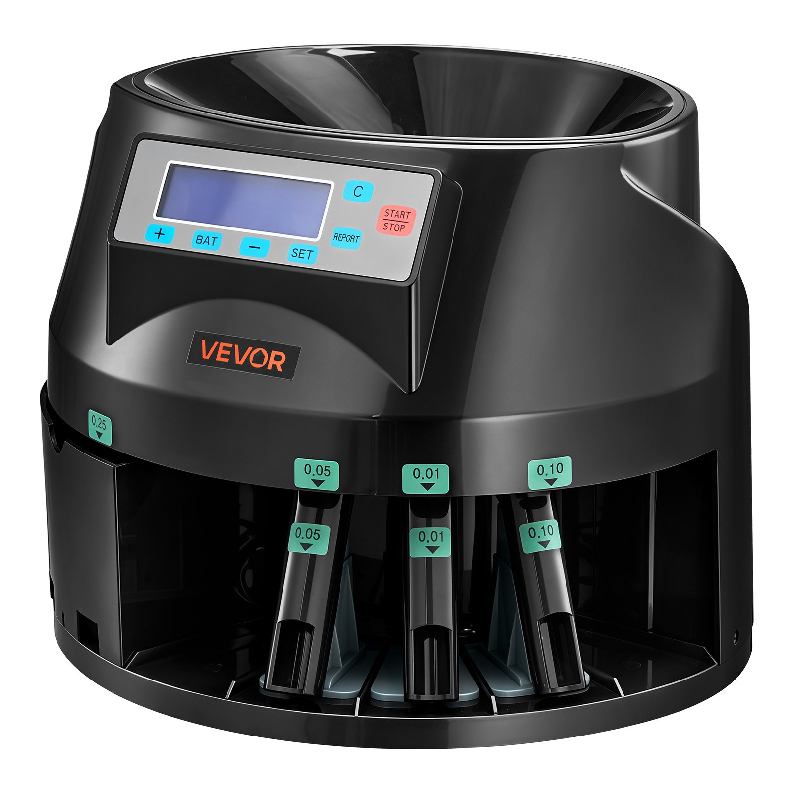 Start2Finish VEVOR coin counter machine sorting 5 denominations with LCD display, accurate, fast, holds 1500 coins, batch feature.