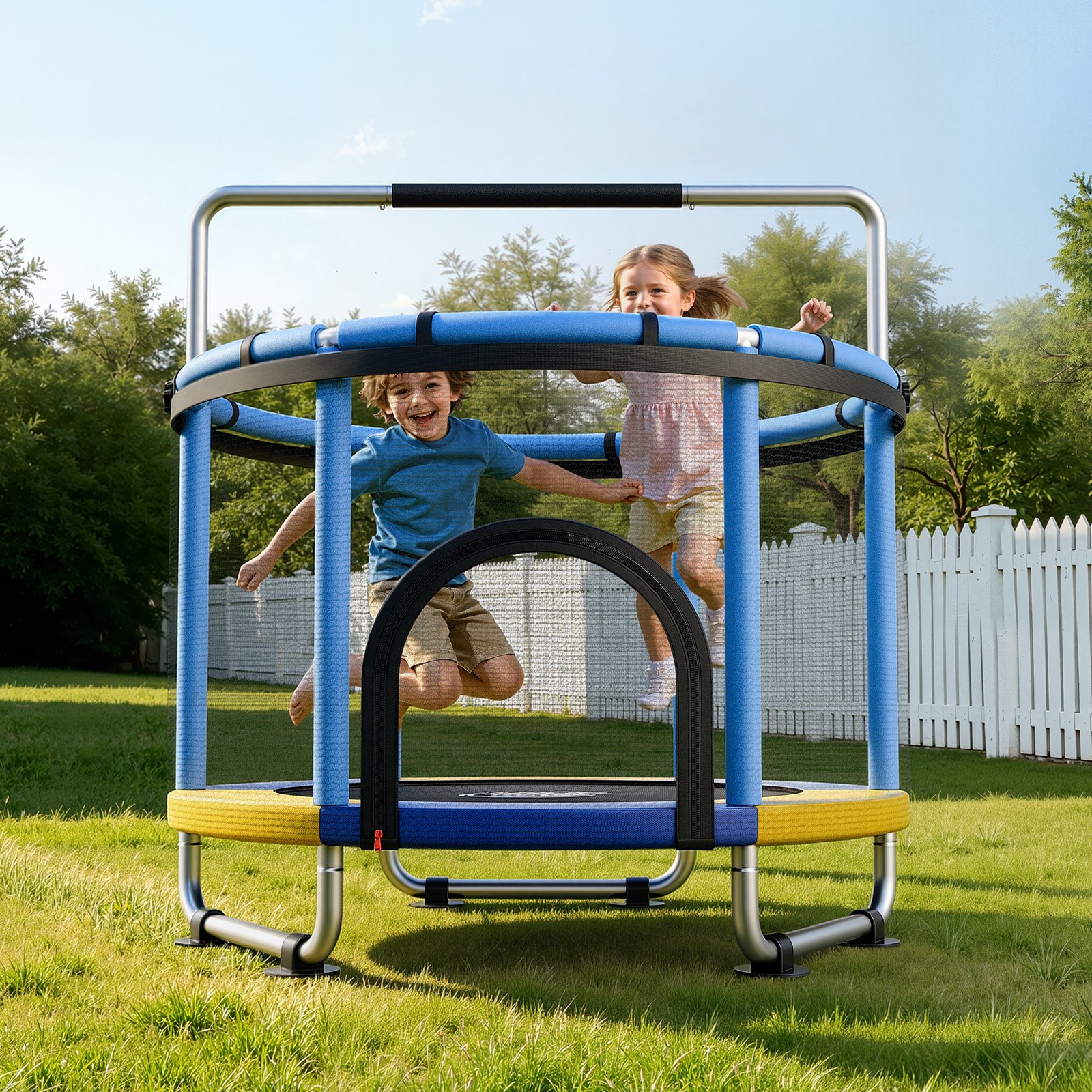 Start2Finish VEVOR 60-inch toddler trampoline with enclosure net and adjustable gymnastics bar for kids indoor and outdoor play.