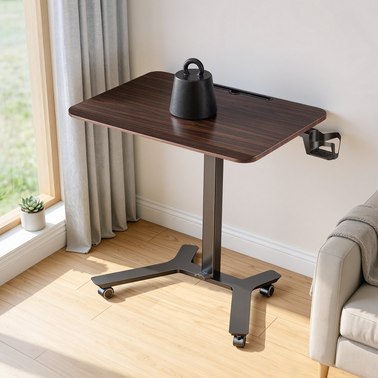 Start2Finish VEVOR standing desk with adjustable height, casters, foot pedal lift, small computer workstation, and hook.