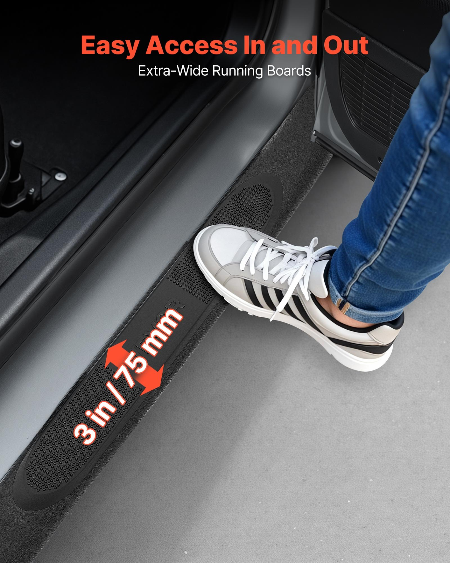 Start2Finish VEVOR black steel running boards for Chevy GMC trucks, 3-inch side steps with non-slip surface and rustproof coating.