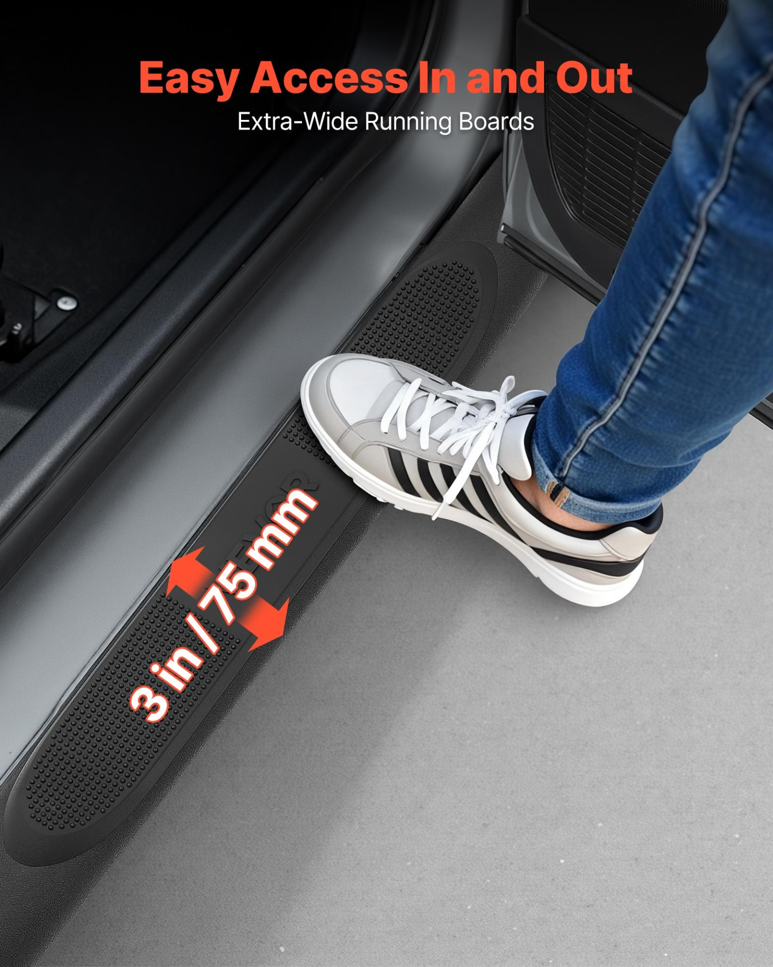 Start2Finish VEVOR black steel running boards for Chevy Colorado and GMC Canyon, 3-inch side steps with non-slip surface.