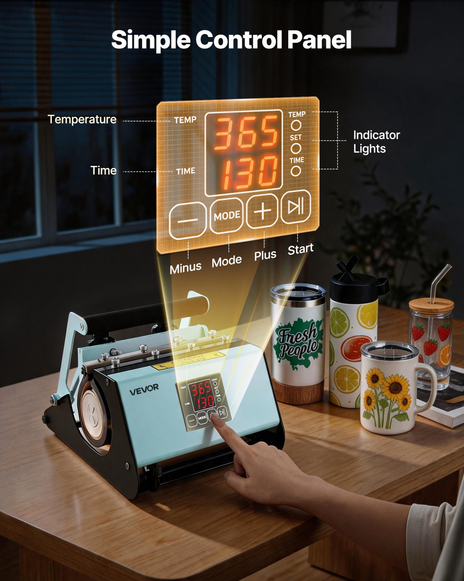 Start2Finish VEVOR tumbler heat press machine with black and green finish, digital controls, tape, and gloves for mug sublimation.
