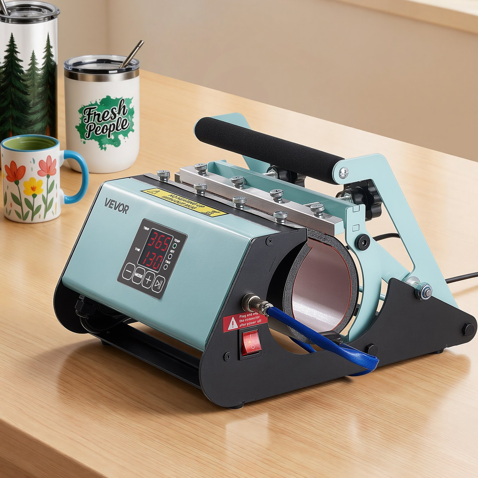 Start2Finish VEVOR Tumbler Heat Press Machine for 11-30 oz mugs, with tape, gloves, and adjustable temperature controls.