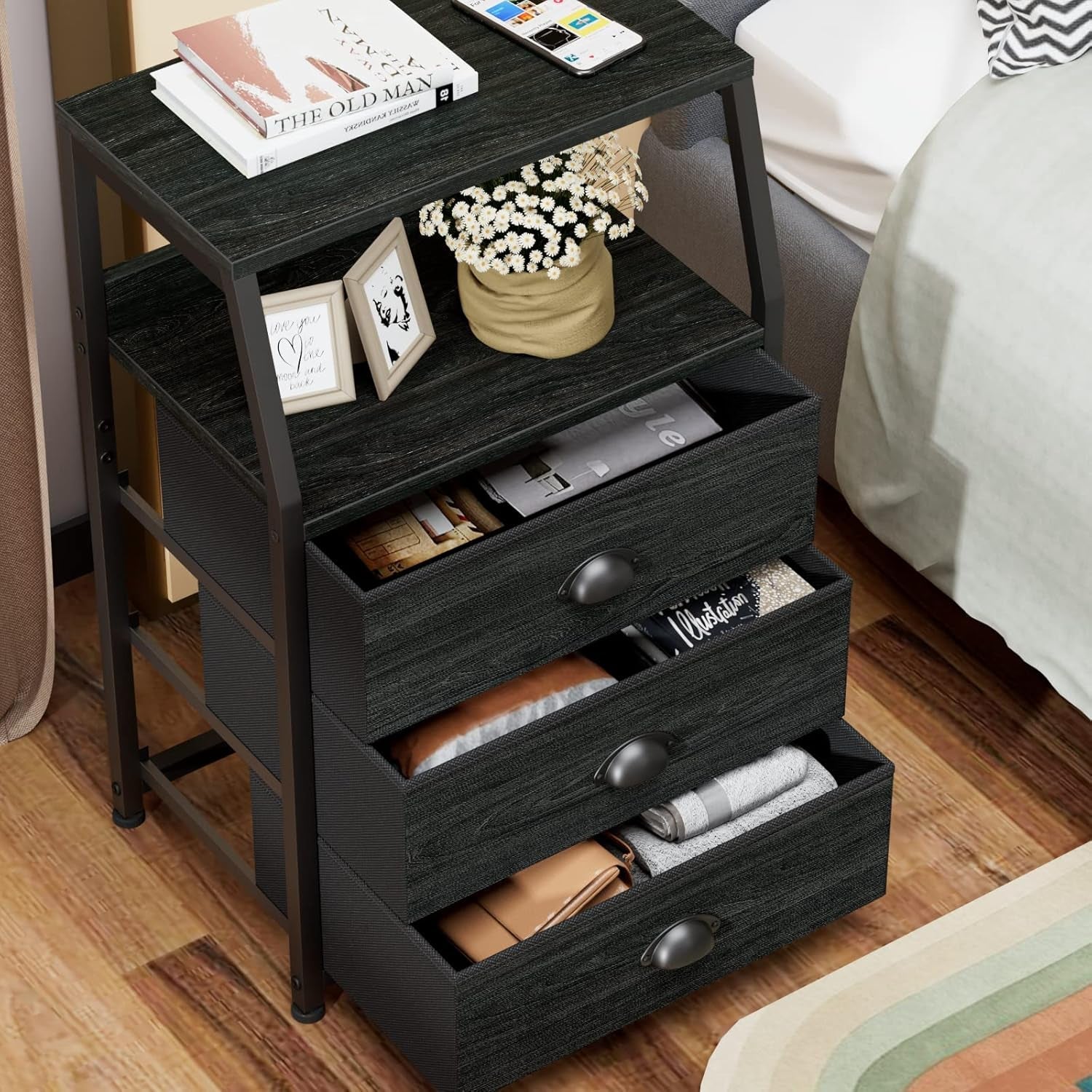 Black Peach Maple night stand with 3 fabric drawers and a 2-tier shelf, showcasing its modern furniture design.