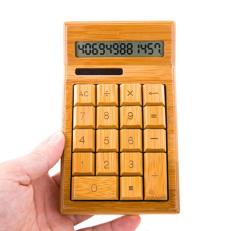 Fuchsia Molly solar-powered bamboo calculator with novelty design, featuring a compact, eco-friendly bamboo case and digital display.