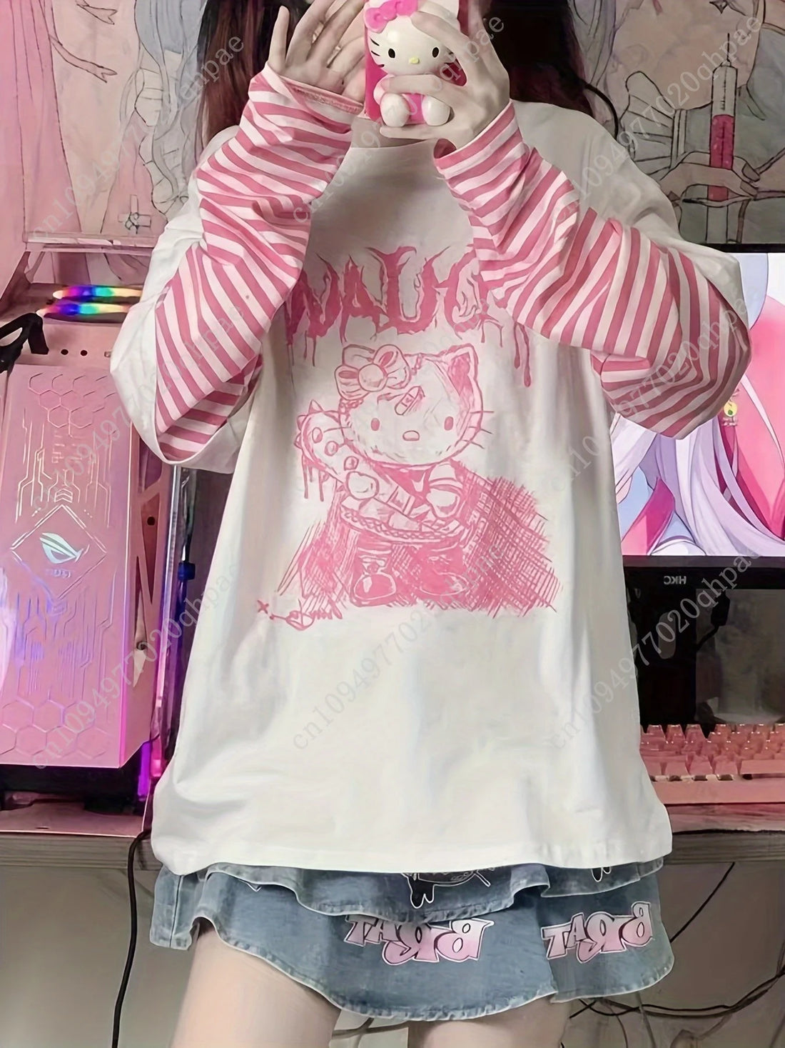 Start2Finish Hello Kitty Japanese sweet-themed long sleeve T-shirt for women, featuring a cool, loose fit with false two-piece design.