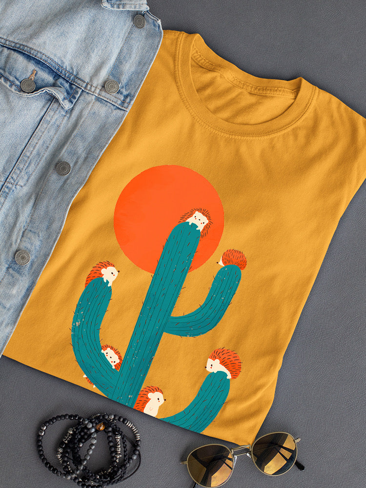 Start2Finish Hedgehogs on a cactus T-shirt featuring playful hedgehog illustrations on green cactus print.