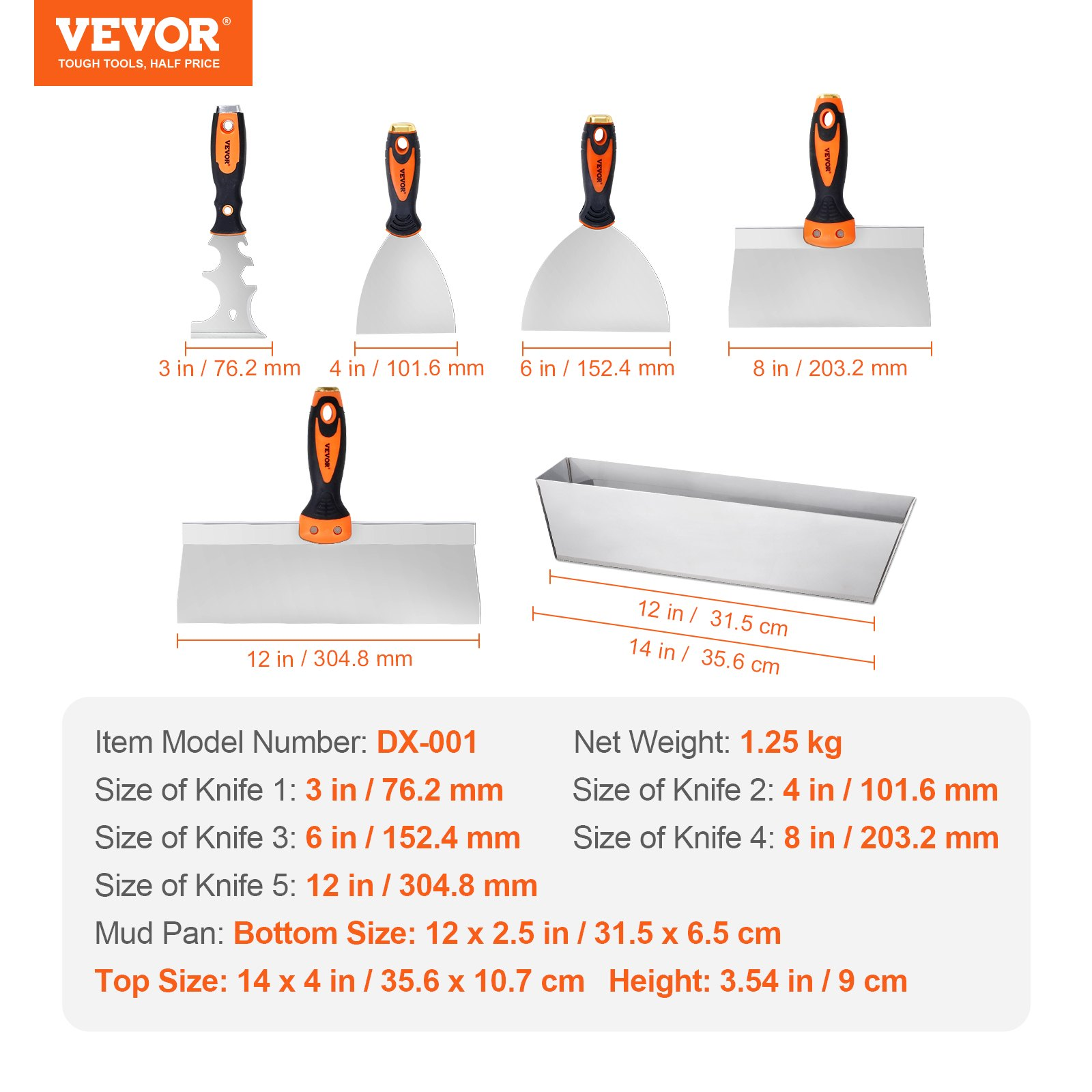 Start2Finish VEVOR drywall knife set with 6 stainless steel tools including scrapers, putty knives, taping knives, and mud pan.