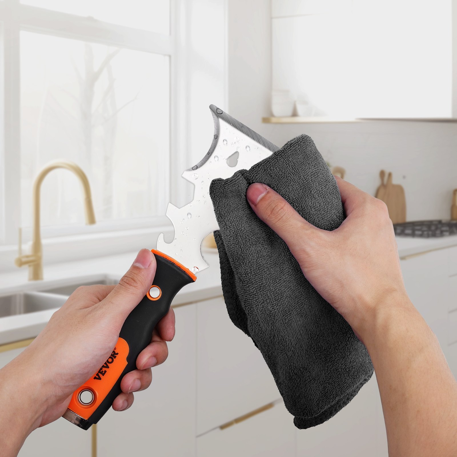 Start2Finish VEVOR drywall knife set with 6 stainless steel tools including putty knives, taping knives, scrapers, and mud pan.