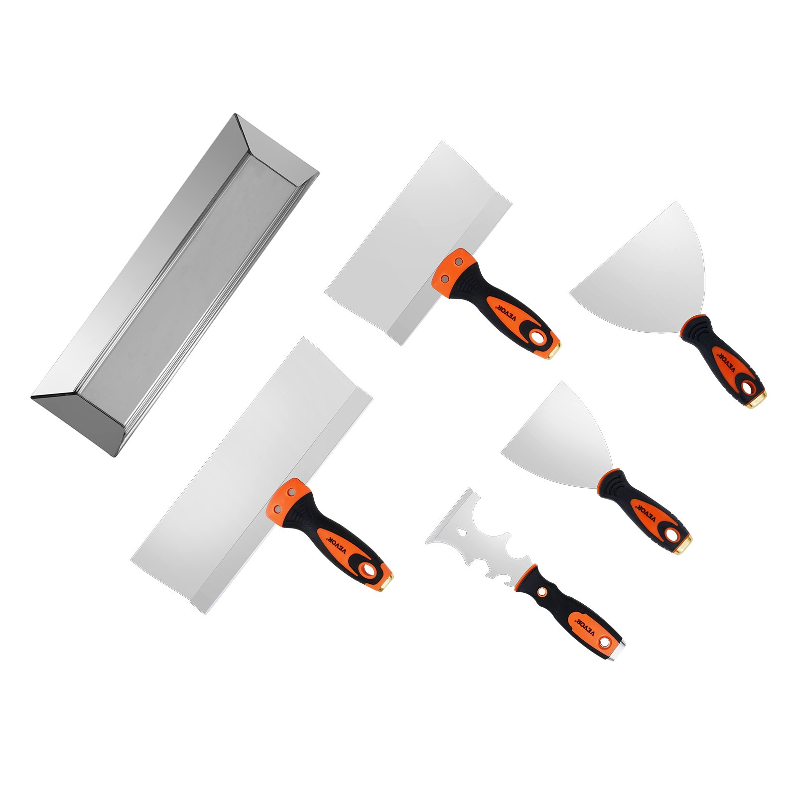 Start2Finish drywall knife set with 6 stainless steel tools including scrapers, putty knives, taping knives, and a mud pan.