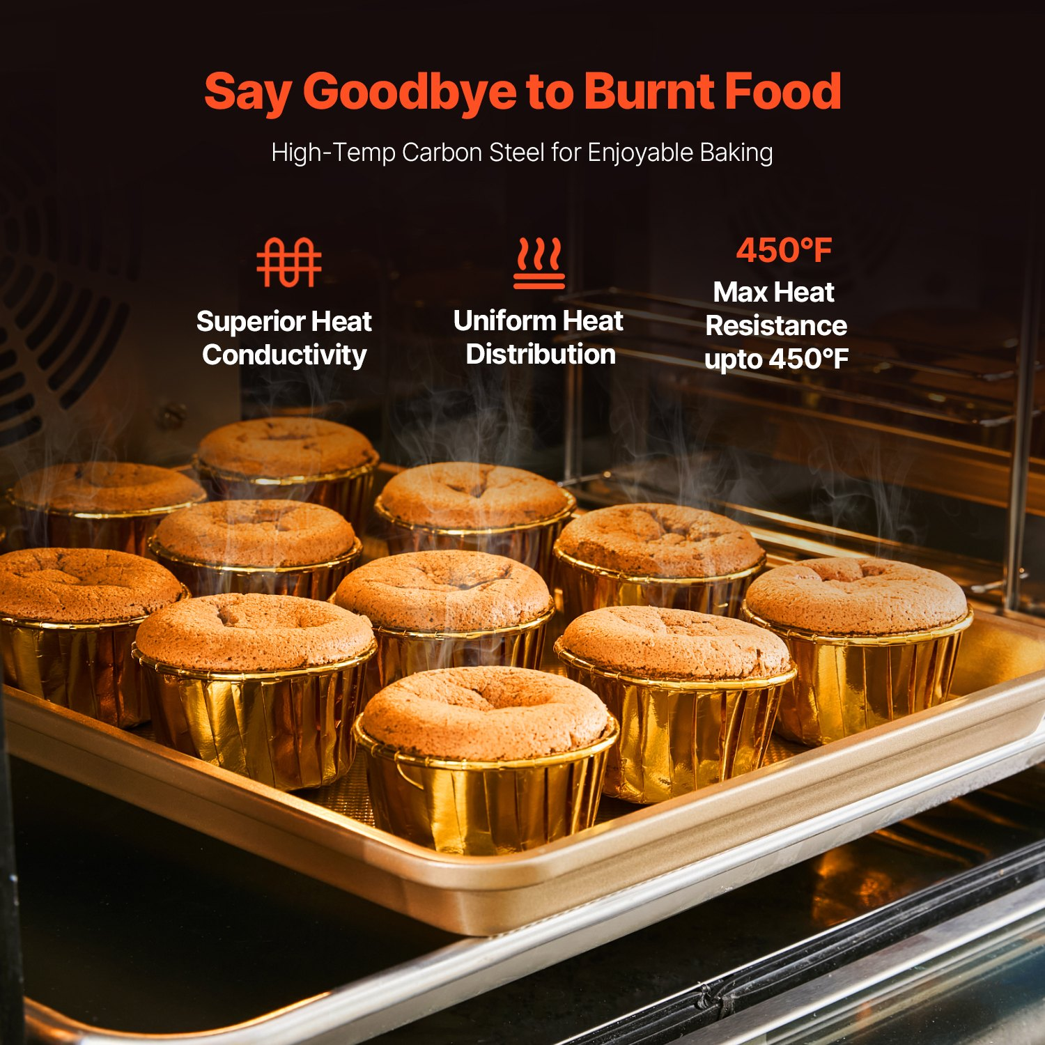 Start2Finish VEVOR 3-piece nonstick baking pans set with stackable carbon steel trays and silicone handles for oven baking.