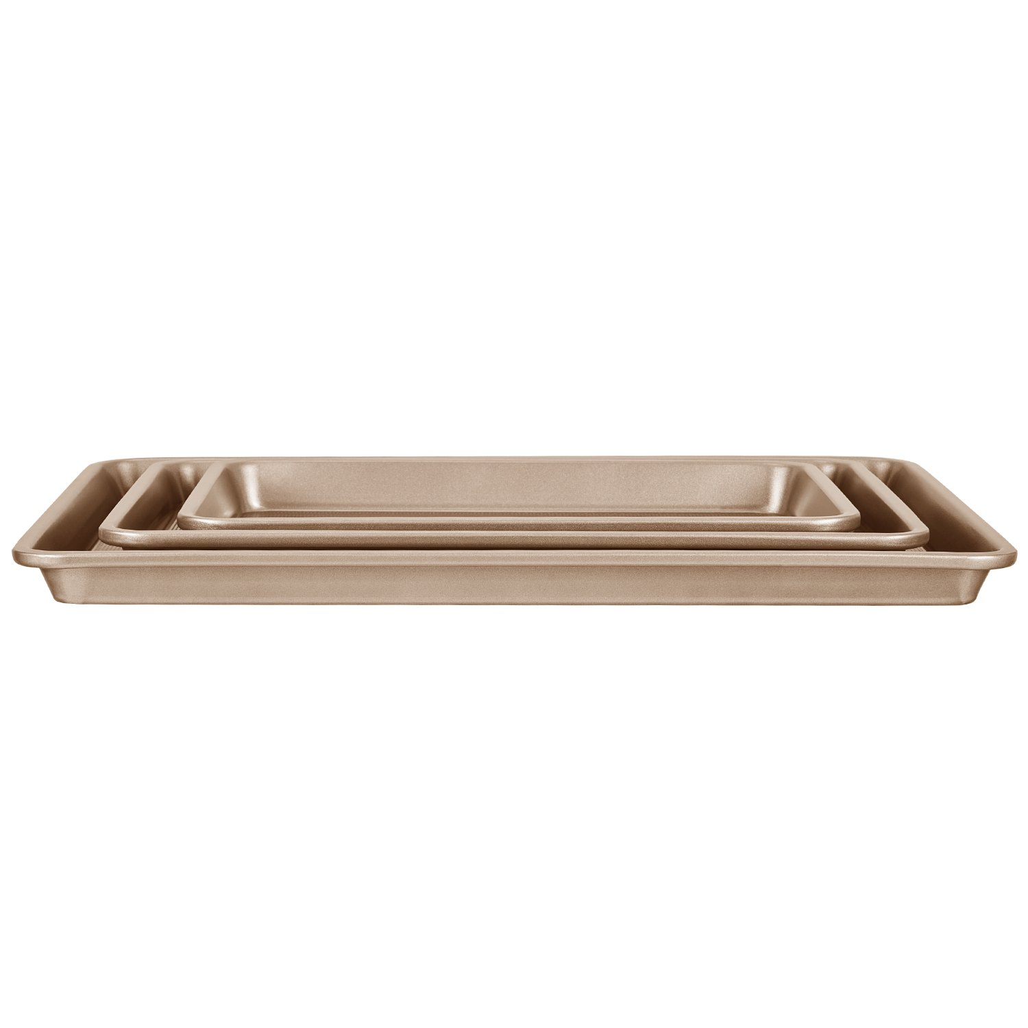Start2Finish VEVOR 3-piece nonstick baking pans set with stackable carbon steel sheets, silicone handles, ideal for baking cookies and cakes.