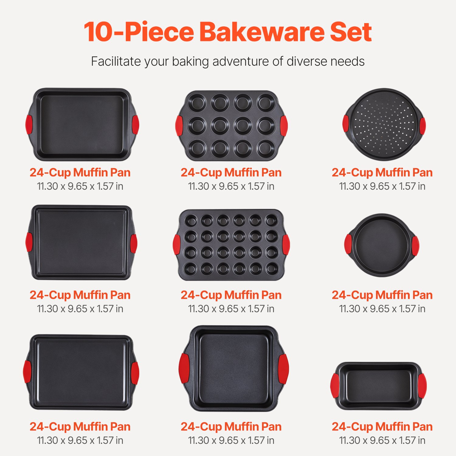 Start2Finish VEVOR 10-piece baking pans set includes nonstick carbon steel sheets and trays with silicone handles for baking.