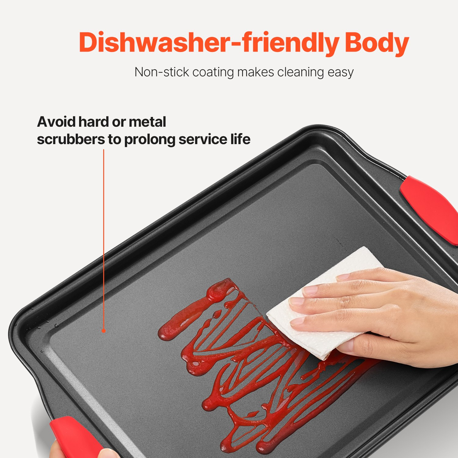 Set of 10 VEVOR nonstick carbon steel baking pans with silicone handles, stackable trays for cookies, cakes, muffins, and bread.