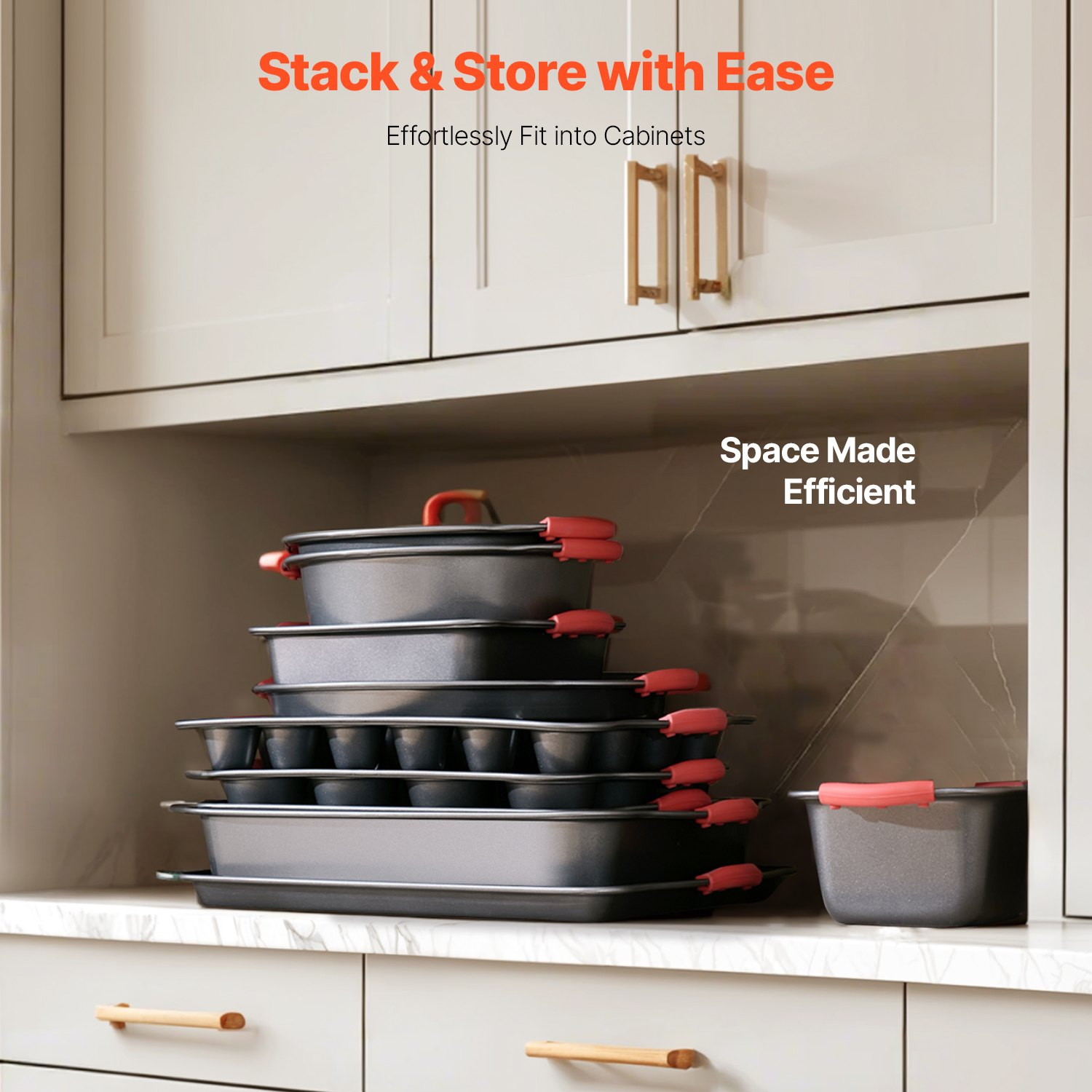 Start2Finish VEVOR 10-piece nonstick carbon steel baking pans set with stackable trays and silicone handles for oven baking.