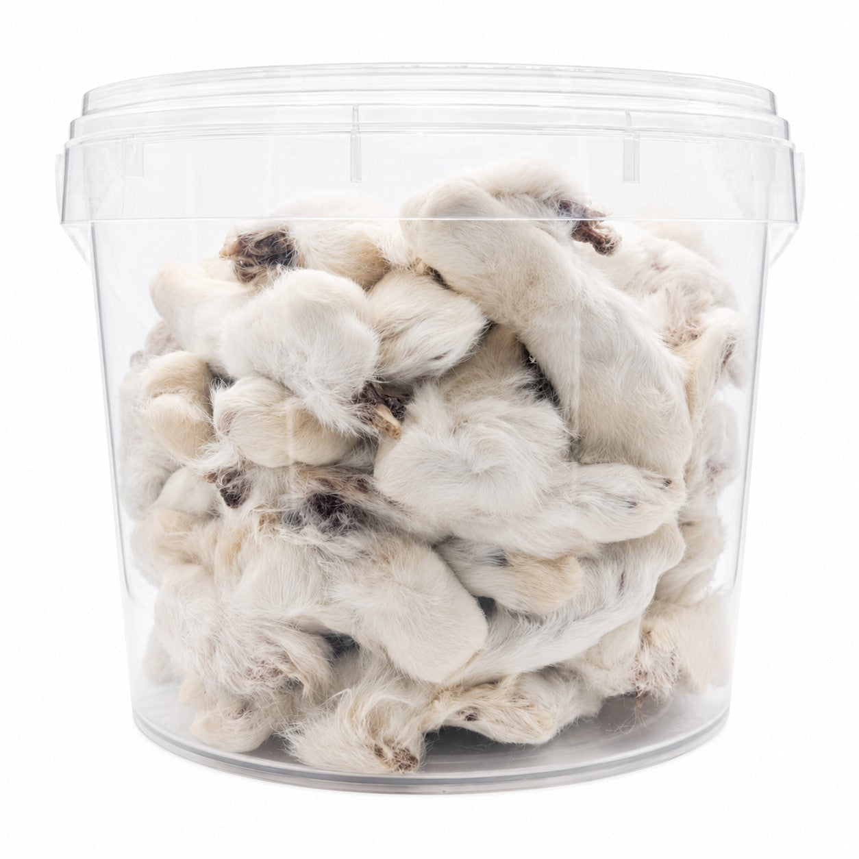 Start2Finish rabbit feet with fur dog treats, natural single-ingredient chews in a 50-piece bucket for small to medium dogs.