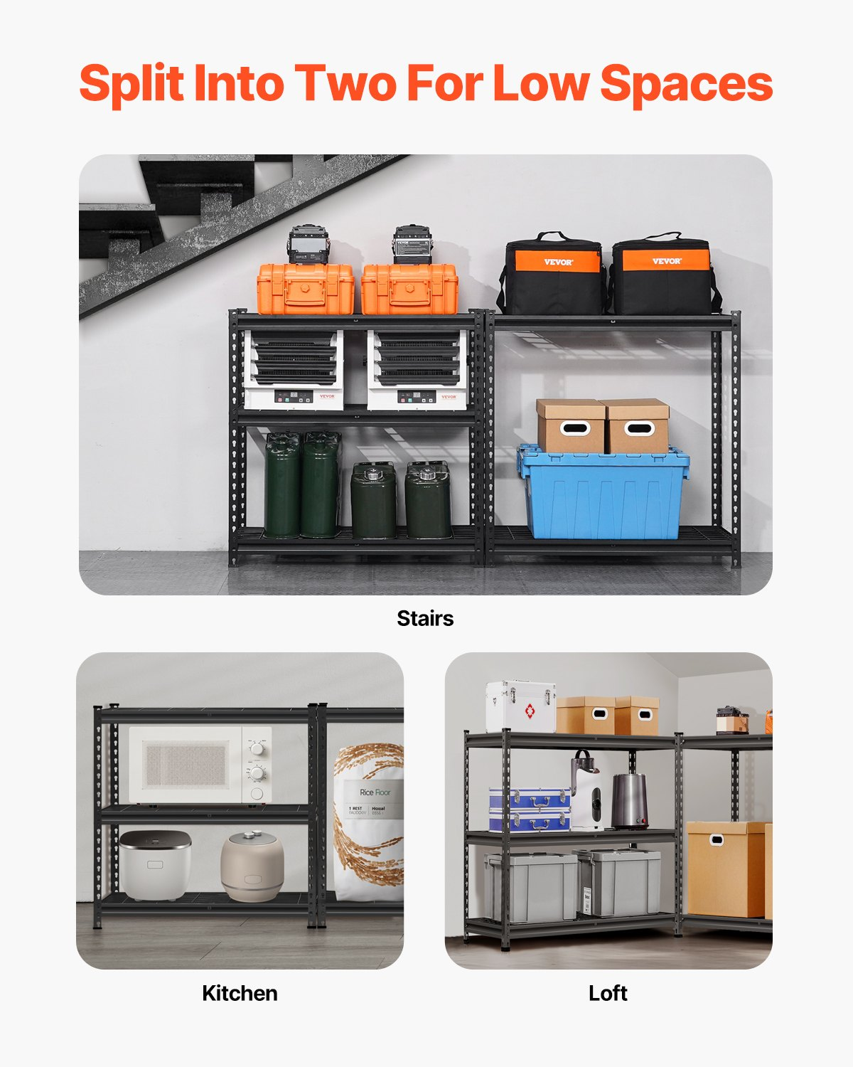 Start2Finish VEVOR 5-tier heavy-duty metal garage shelving unit with adjustable black industrial shelves for storage.