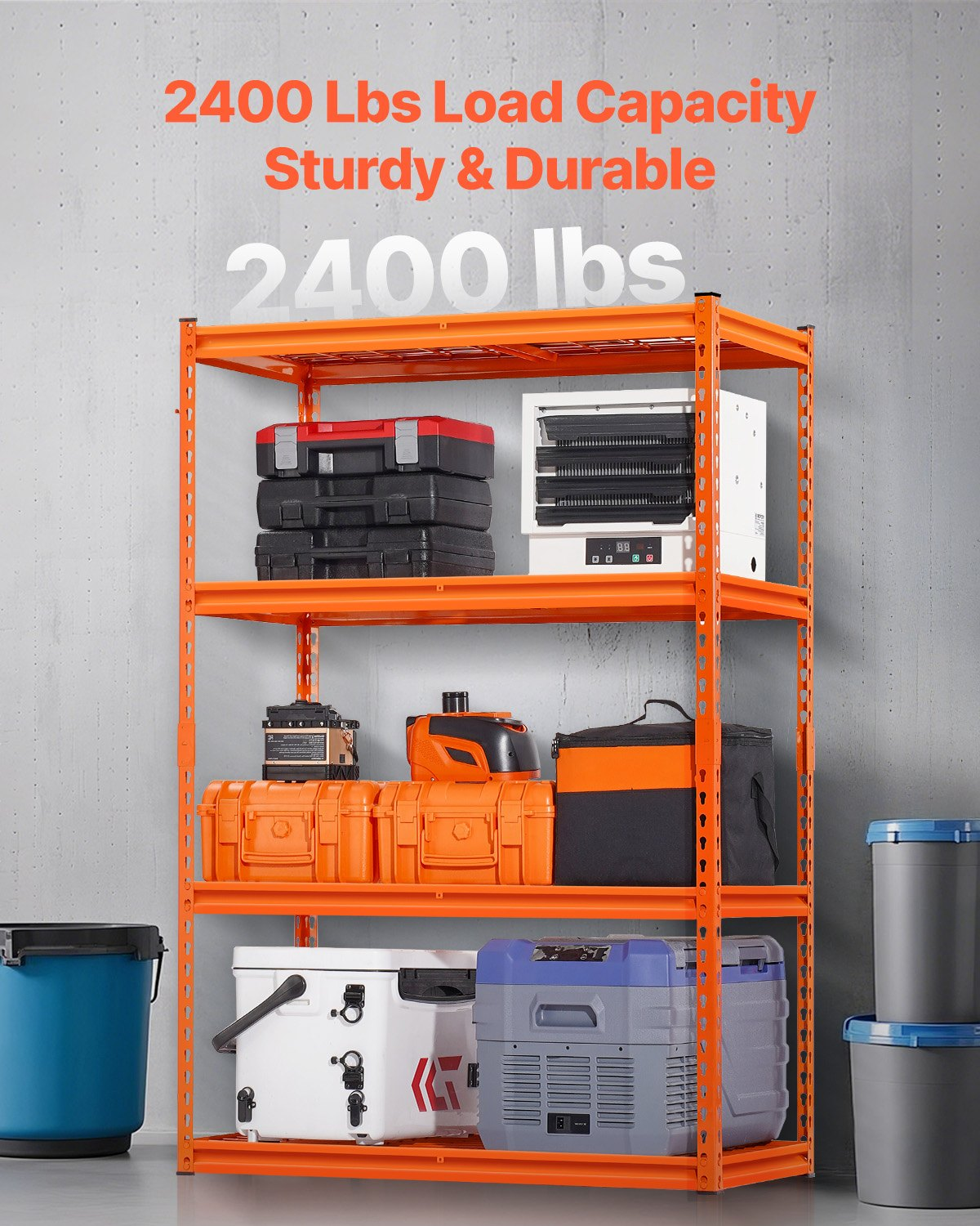 Start2Finish VEVOR heavy-duty garage shelving unit with four adjustable orange metal shelves, 20" deep, 40" wide, 60" high.