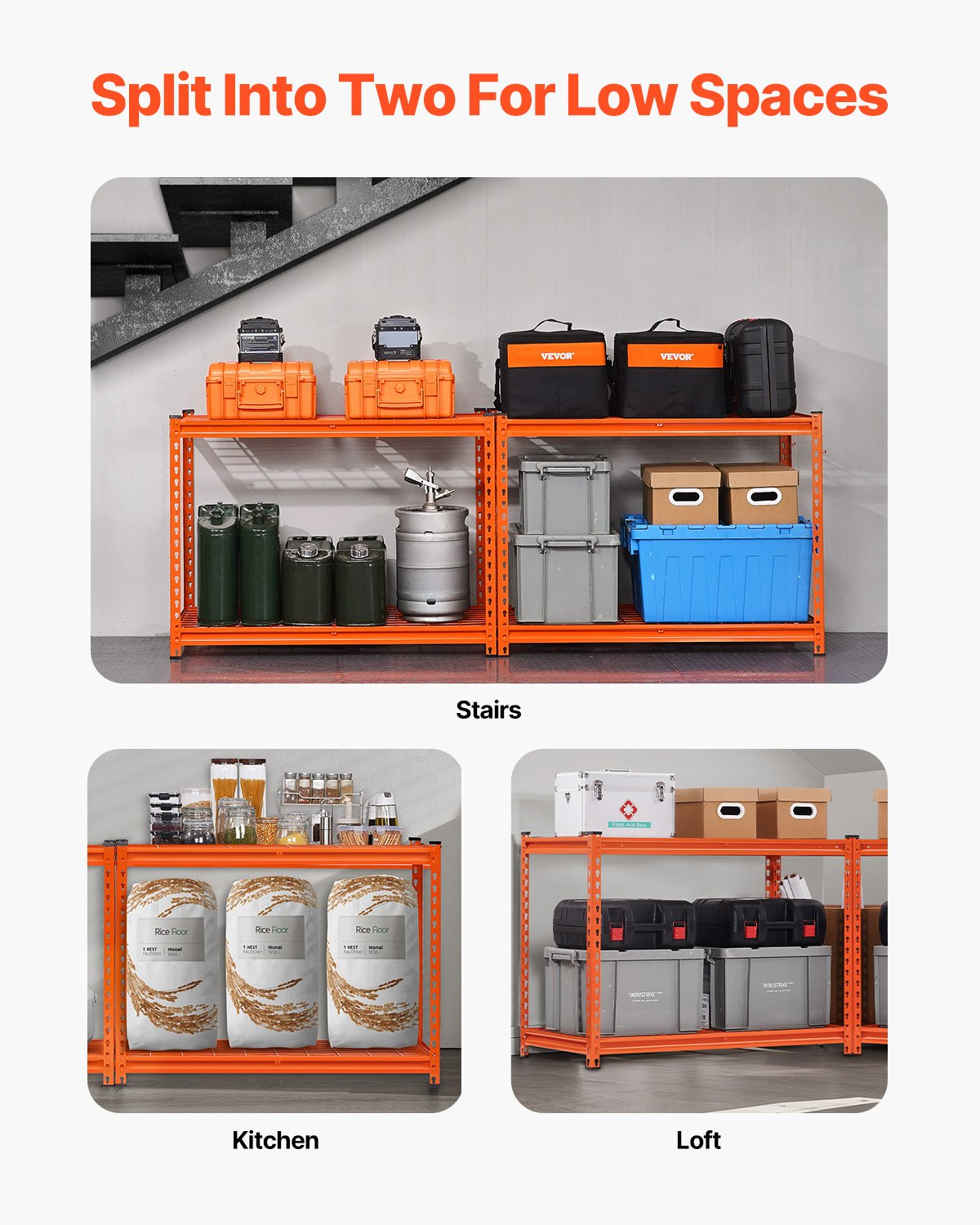 Start2Finish VEVOR 4-tier heavy duty garage shelving unit with orange metal shelves, 20" D x 40" W x 60" H for garage or warehouse storage.