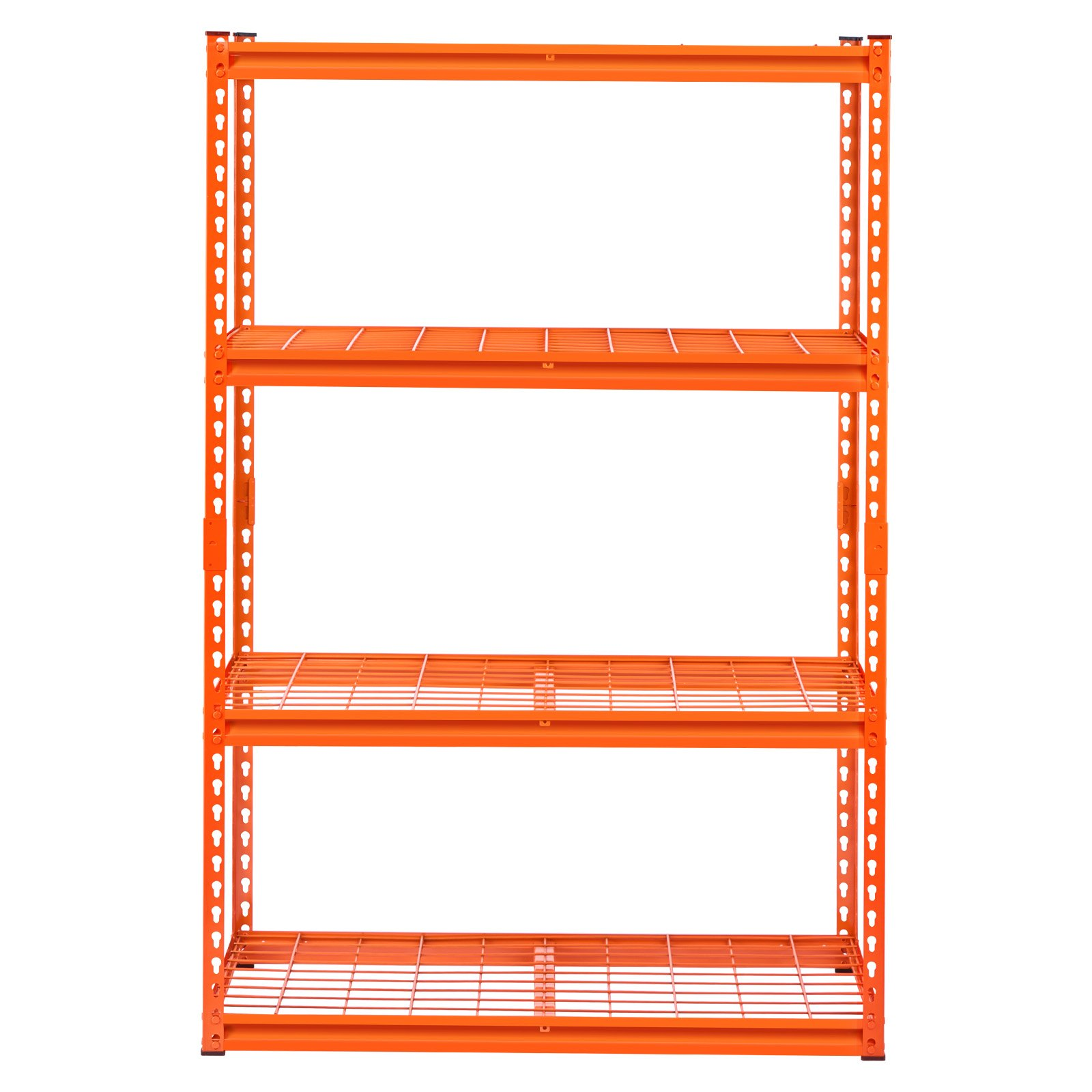 Start2Finish VEVOR 4-tier heavy duty metal garage shelving unit with orange finish, adjustable storage shelves for industrial use.