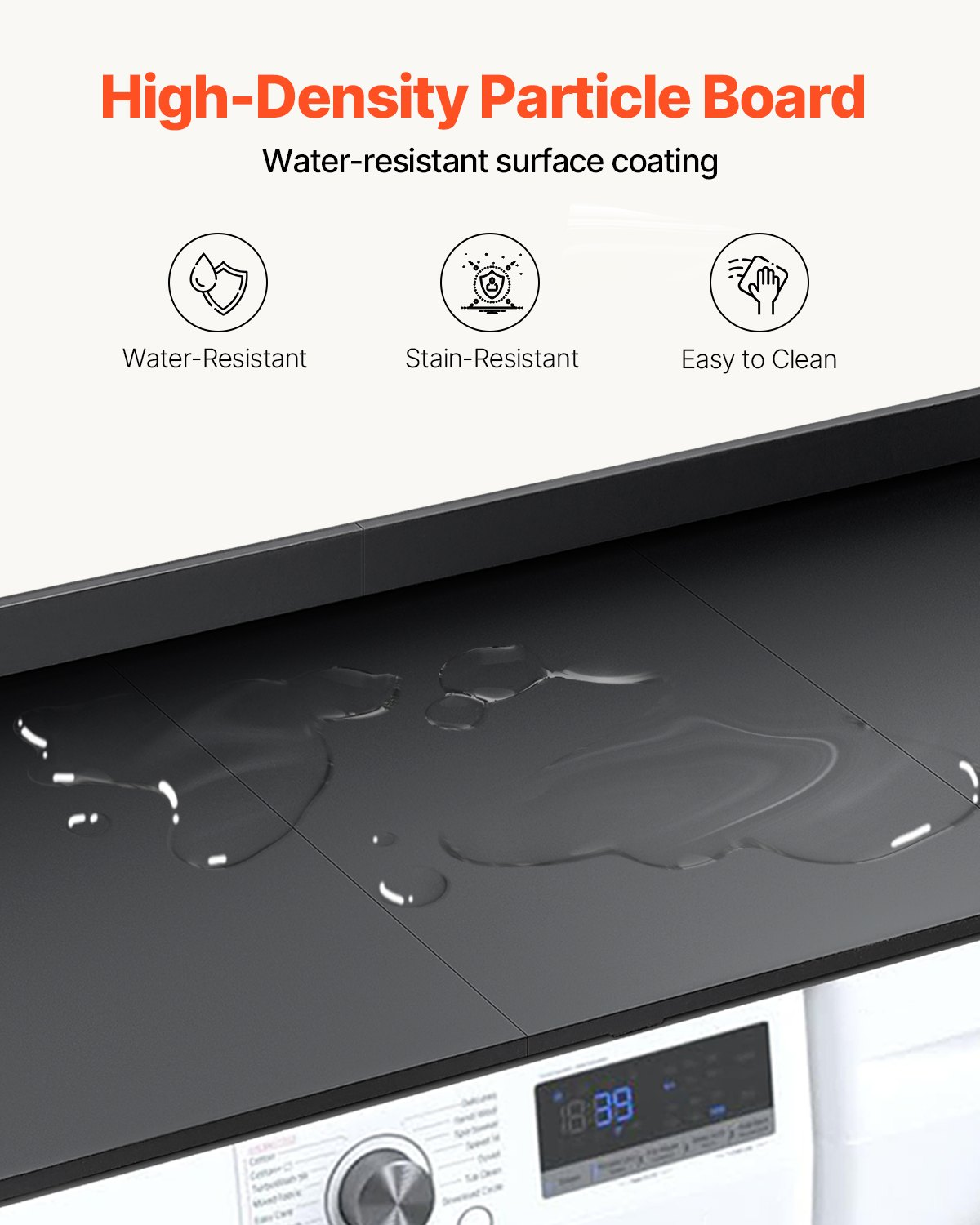 Start2Finish VEVOR washer dryer countertop with black wood finish, splicing panels, non-slip pads, water-resistant laundry surface.