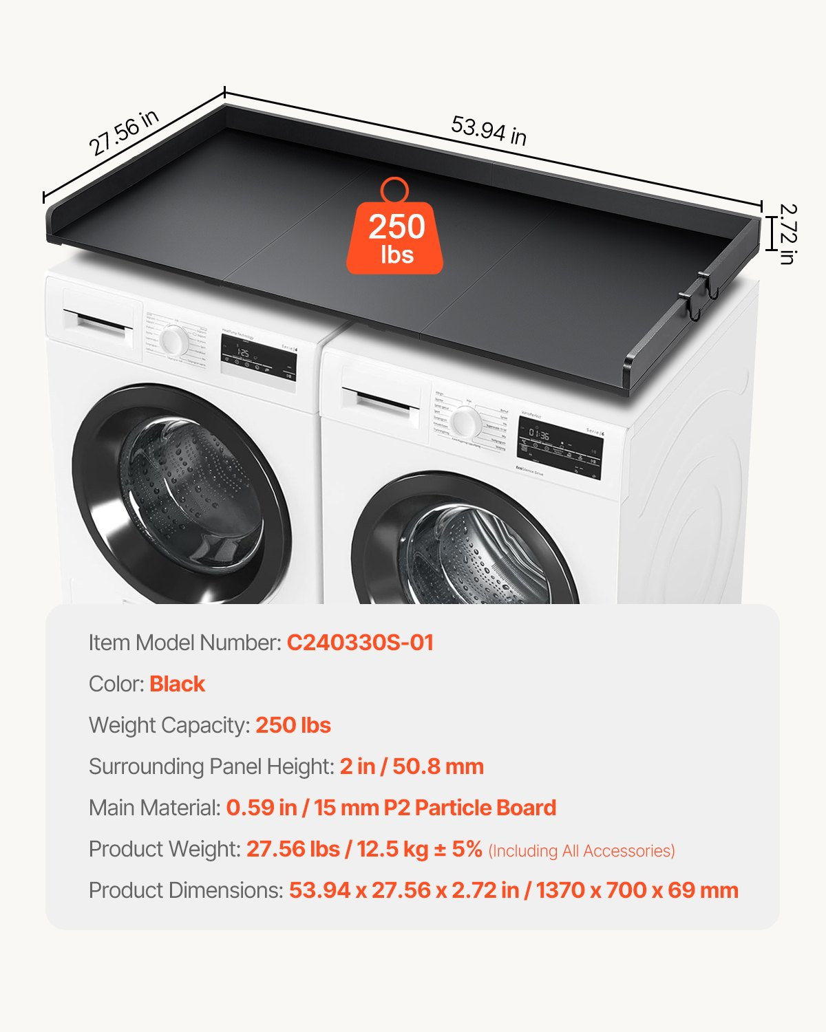 Start2Finish VEVOR washer dryer countertop with splicing panels, black wooden laundry top with non-slip pads for organization.