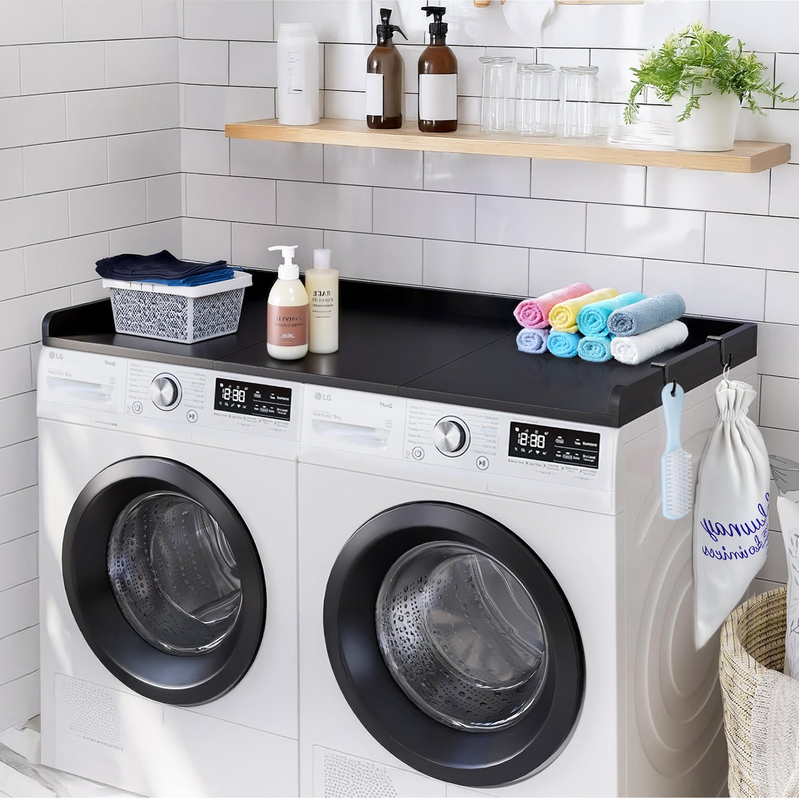 Start2Finish VEVOR washer dryer countertop in black, 54" x 27", wooden surface with splicing panels and non-slip pads for laundry organization.