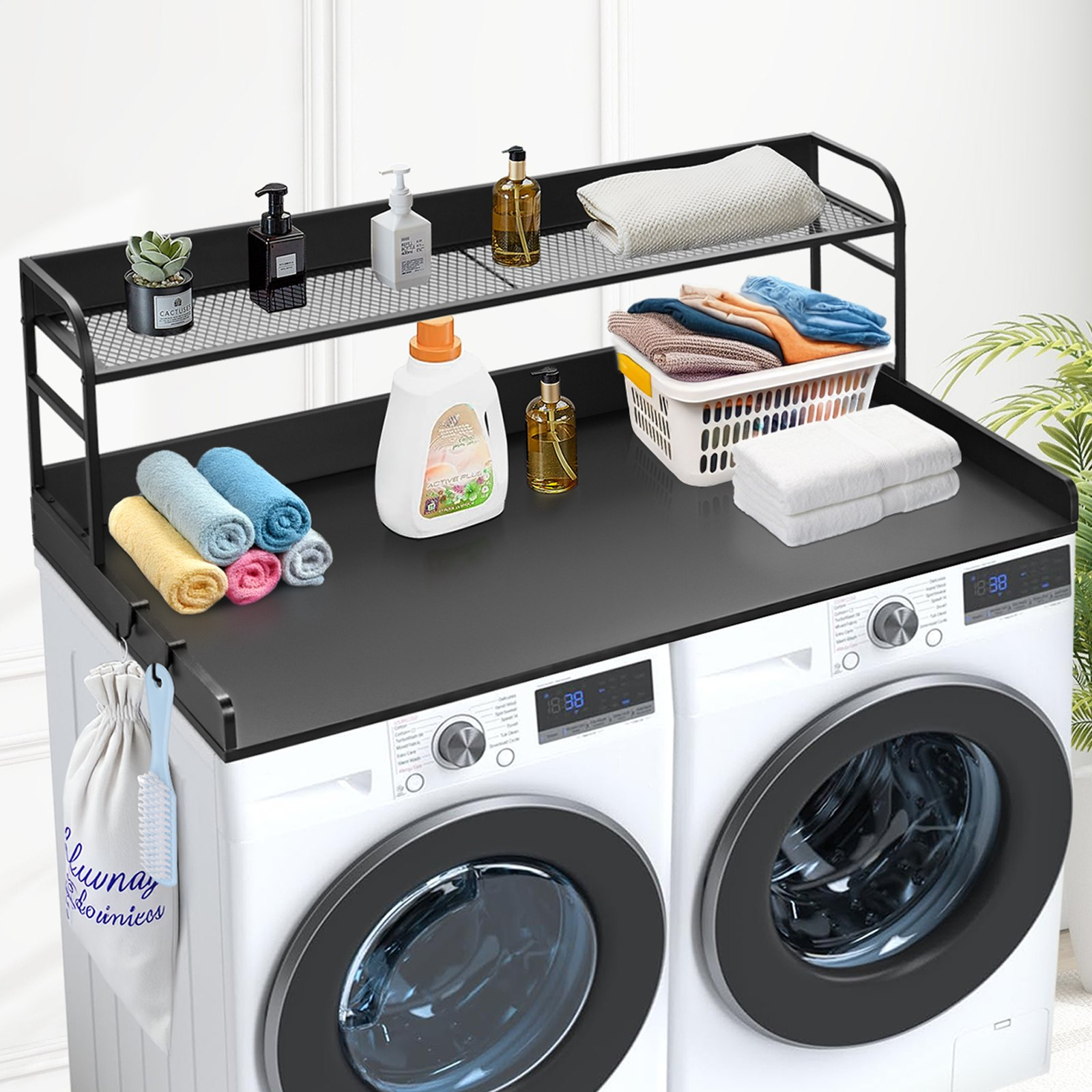 Start2Finish VEVOR washer dryer countertop with 2-tier shelf, black water-resistant wooden laundry top and anti-slip pads.
