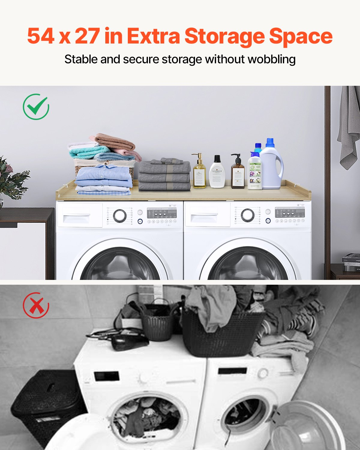 Start2Finish VEVOR oak washer dryer countertop with water-resistant finish, anti-slip pads, ideal for laundry room organization.