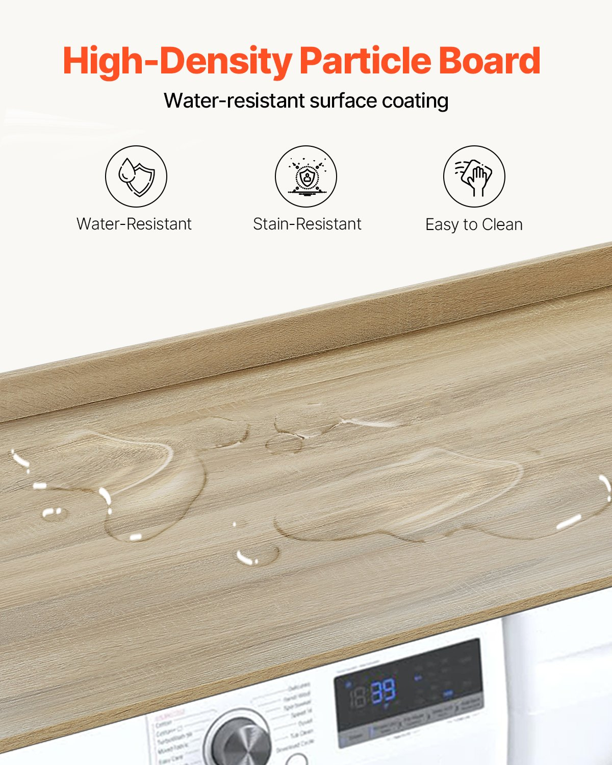 Wooden VEVOR washer dryer countertop in oak with anti-slip pads, water-resistant laundry room top cover, for organization and storage.