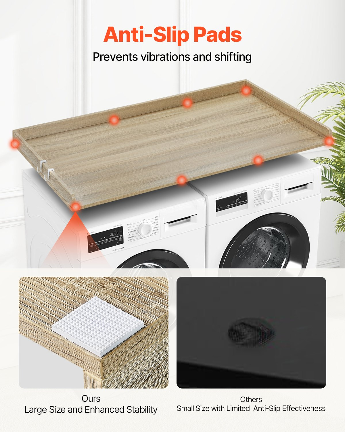 Wooden VEVOR washer dryer countertop in oak, water-resistant laundry machine top cover with anti-slip pads for laundry room organization