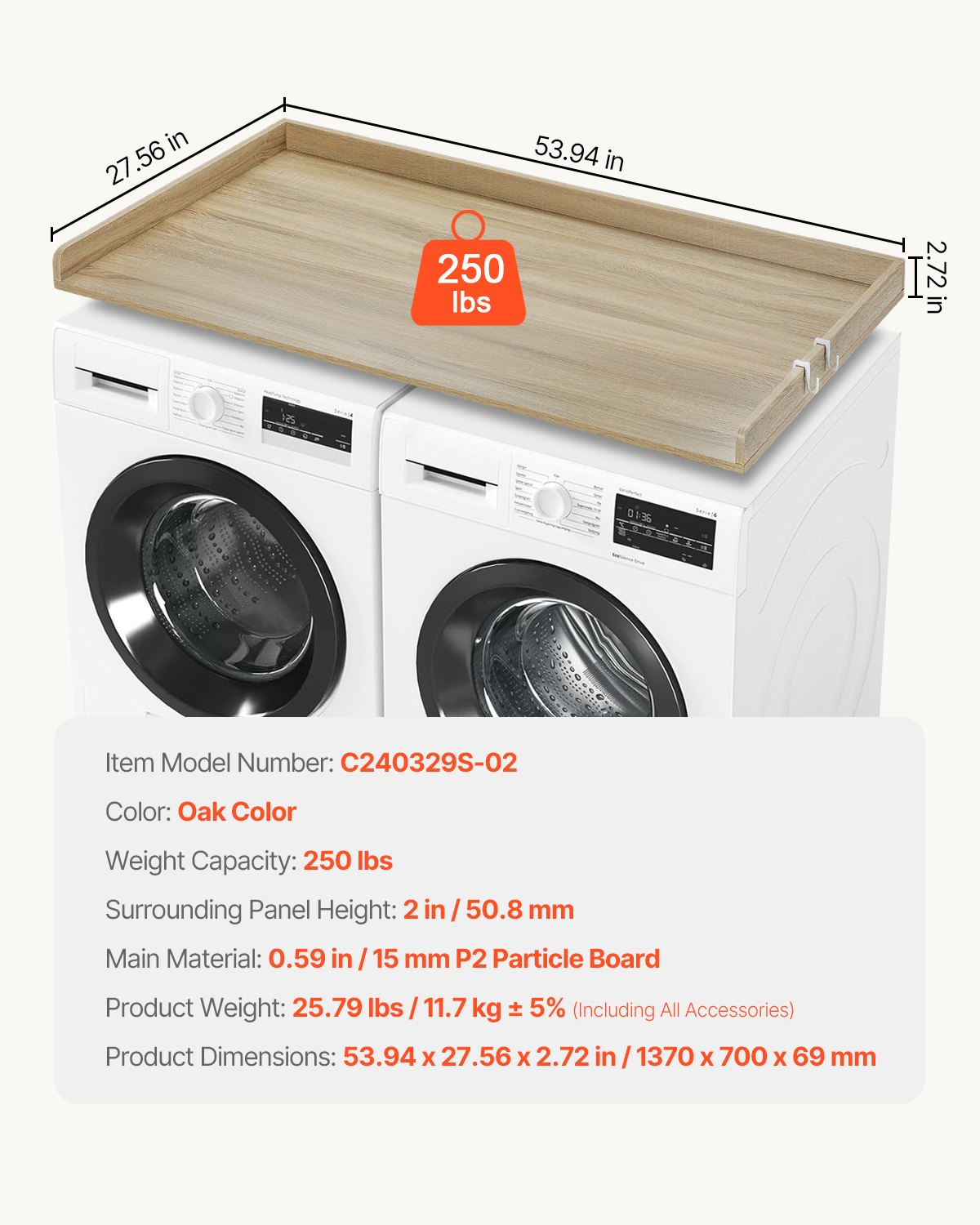 Wooden VEVOR washer dryer countertop in oak with water-resistant surface and anti-slip pads, ideal for laundry room organization.
