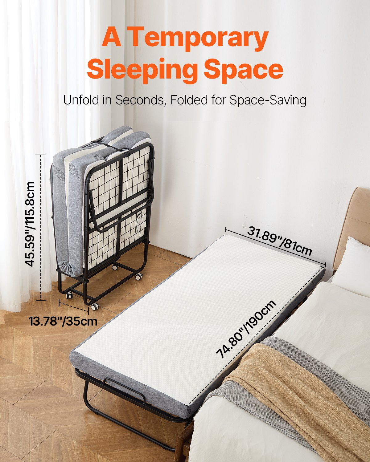 Start2Finish VEVOR rollaway bed with 31x75 inch metal frame and 5-inch memory foam mattress, ideal for guests or portable use