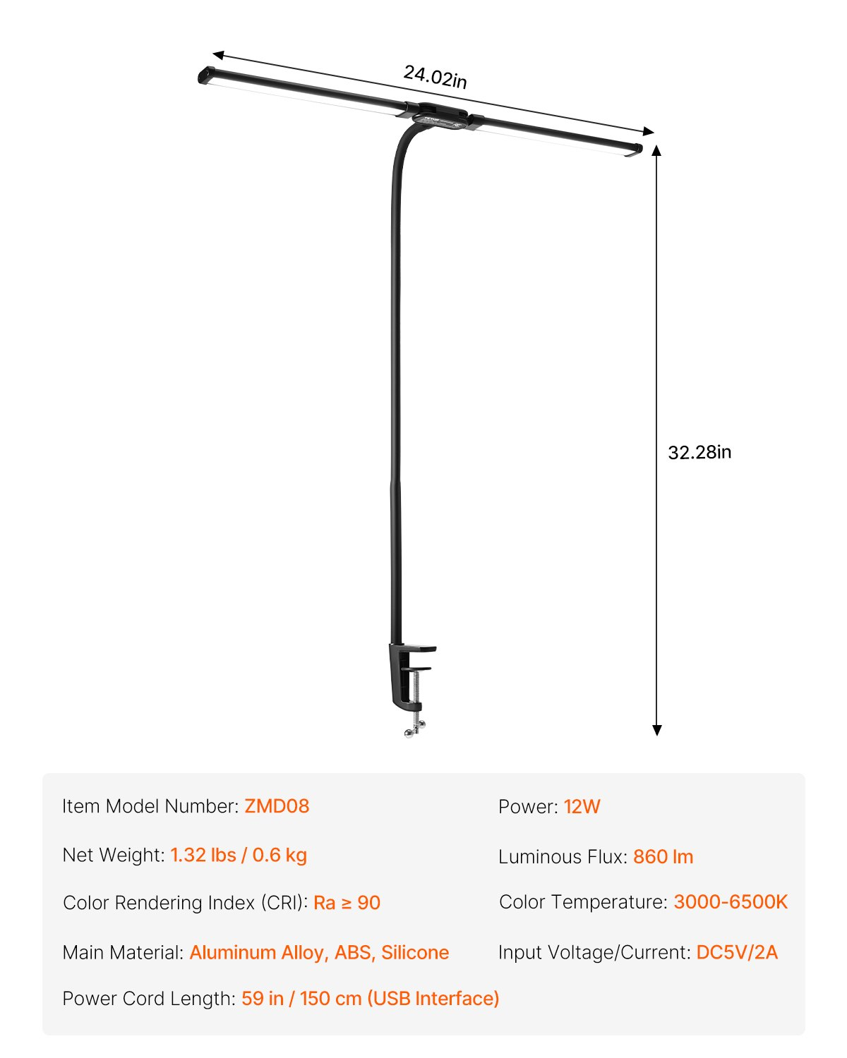 Start2Finish VEVOR LED desk lamp with clamp, double head, adjustable gooseneck, multiple lighting modes, perfect for home office.