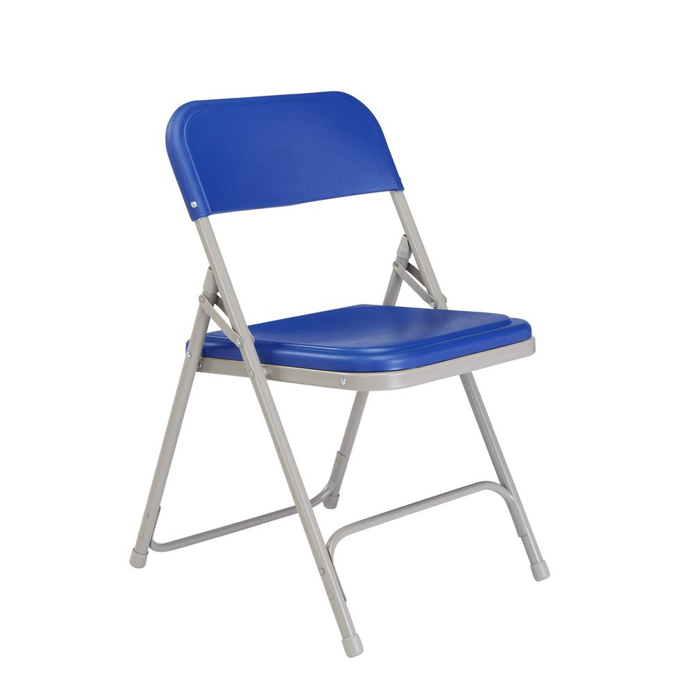 Blue NPS 800 Series lightweight plastic folding chair from Start2Finish, shown in a pack of four, with a sturdy, portable design.