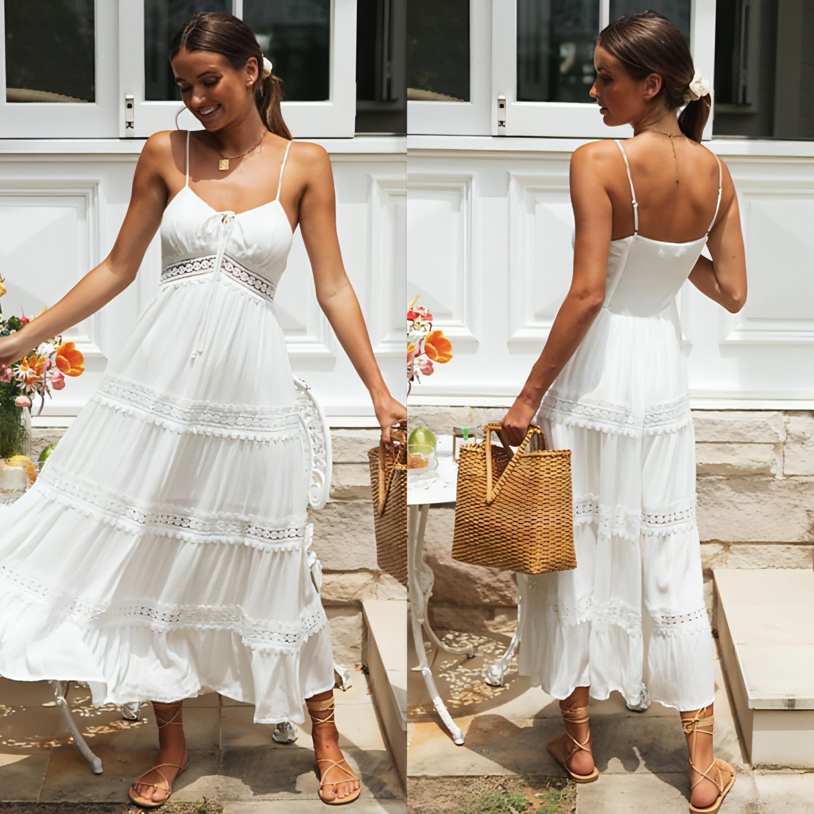 Carmine Juneberry boho sling dress with lace panel and swing skirt, showcasing relaxed, flowy bohemian style.