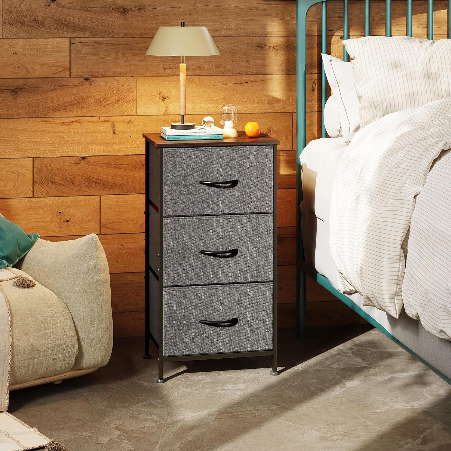 Dark grey Peach Maple dresser with three drawers, steel frame and wood top, modern furniture piece for bedroom storage.