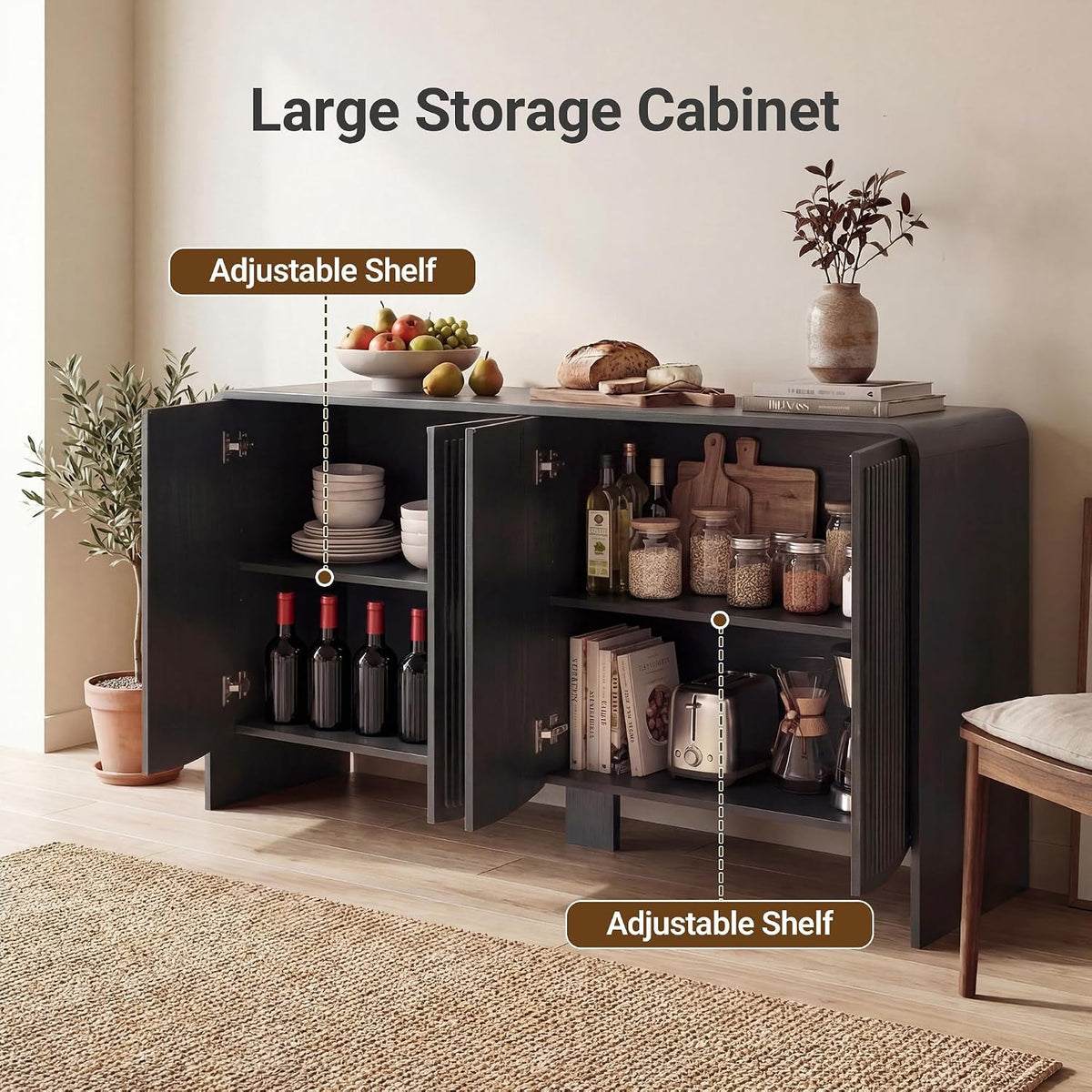 58-Inch Black Fluted Sideboard With Adjustable Shelves